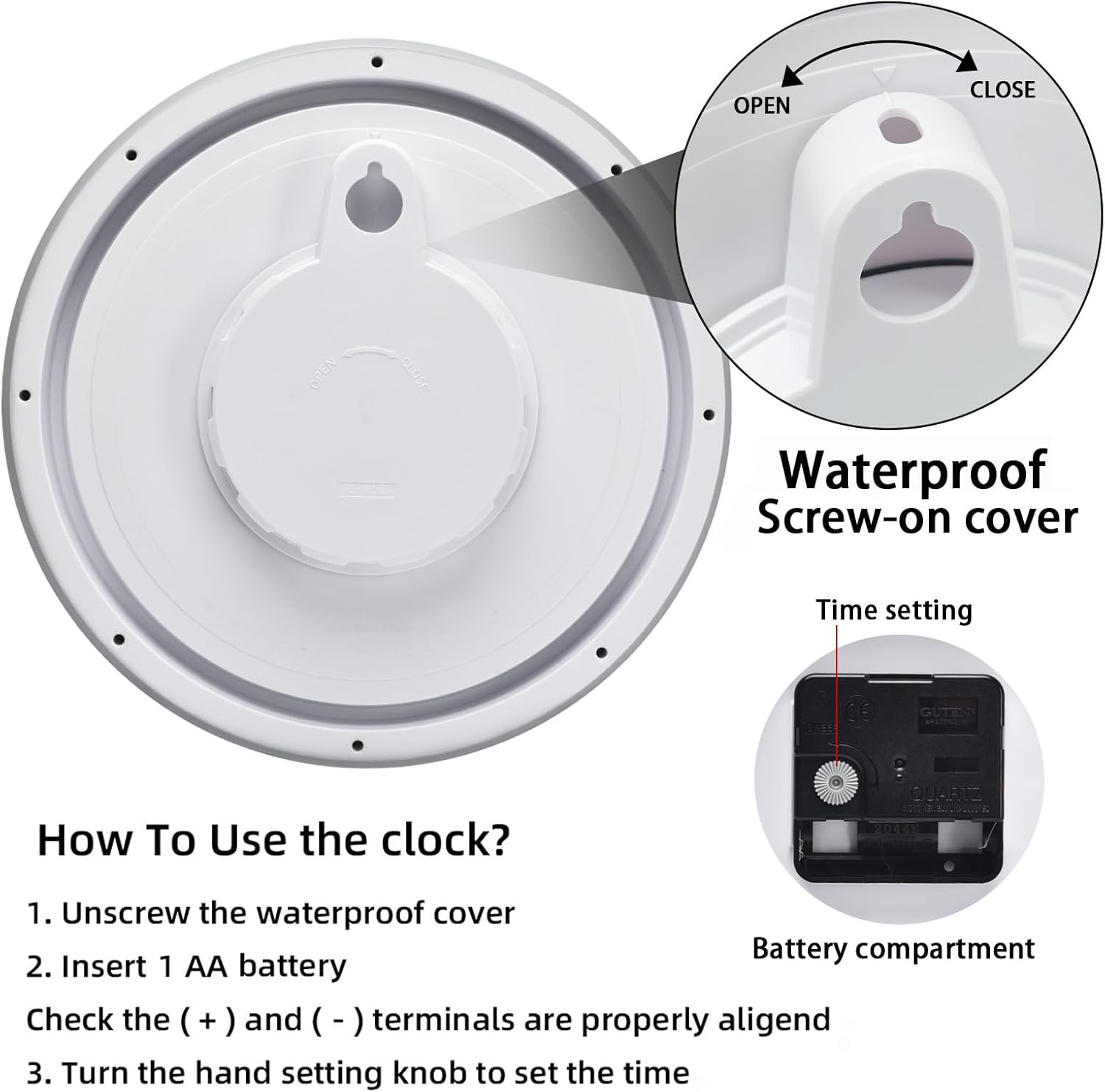 Guten 12 Inch Sealed Indoor Outdoor Waterproof Wall Clock, Dustproof Silent Non Ticking, Quality Battery Operated Quartz White Clock for Kitchen/Bathroom/Shower/Pool/Patio/Outdoors image number 6