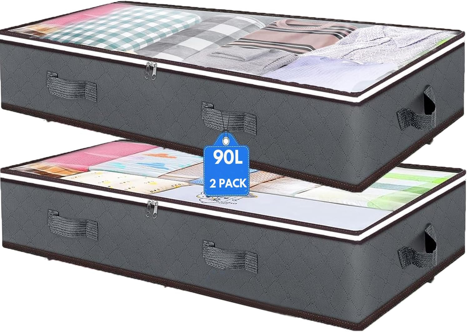 2-Pack 90L Underbed Storage Bags,H HOME-MART under Bed Shoe Storage Containers Clothes Organizers with Reinforced Handles,See-Through Window Sheet Organiser for Clothing, Blankets (2-Pack) image number 4