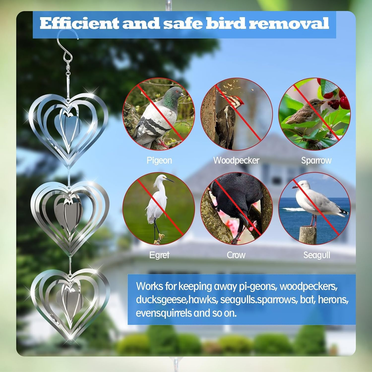 Stainless Steel Wind Spinner,3D Silver Indoor Outdoor Garden Decoration Crafts Ornaments,Metal Wind Chimes for outside Decor,Decorations to Scare Away Yard Birds (3Pcs-Heart) - Fishbone-Wind Spinners image number 4