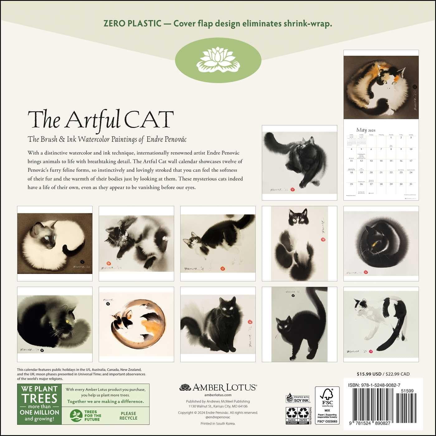 The Artful Cat 2025 Wall Calendar: Brush & Ink Watercolor Paintings by Endre Penov&agrave;c image number 2