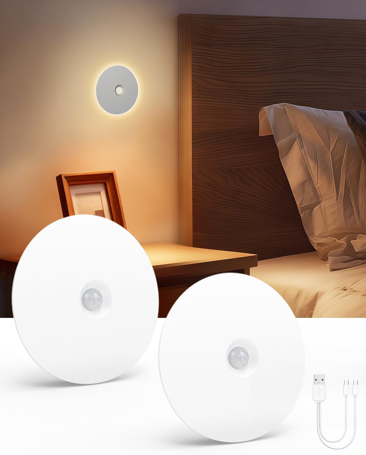 Yiliaw Motion Sensor Night Light, Rechargeable Stair Lights Indoor, Warm White with Wireless Magnetic Mount, Adjustable Brightness & 3 Color Temps for Hallway, Stairway, Bathroom, Closet (2 Pack) image number 1