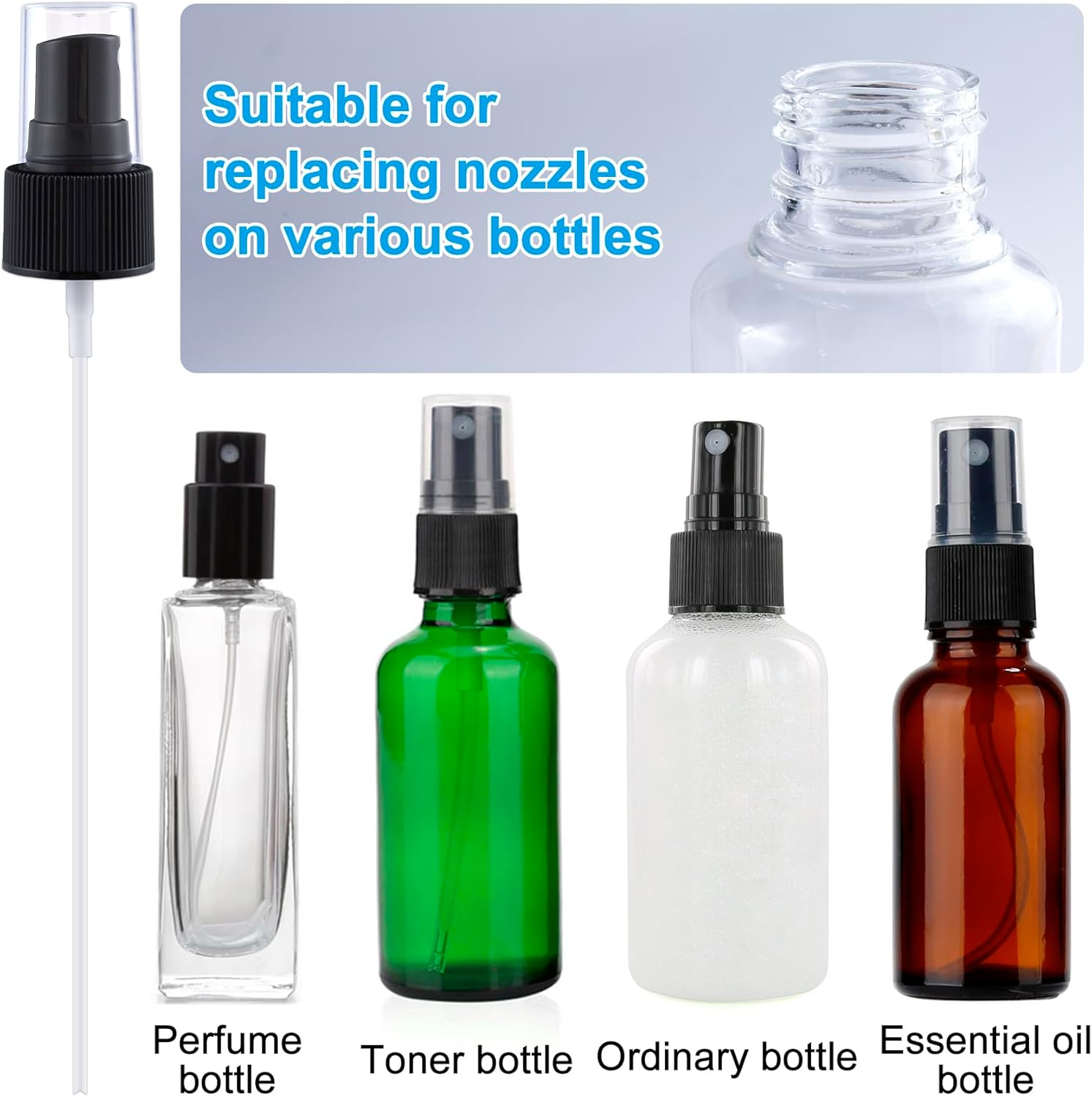 Alpinleux 4 Pcs Spray Bottle Top, Nozzle Sprayer Tops Replacement, Plastic Fine Mist Sprayer Pump for Essential Oil, Cleaning Solutions (24/410 Cap Size, Black)