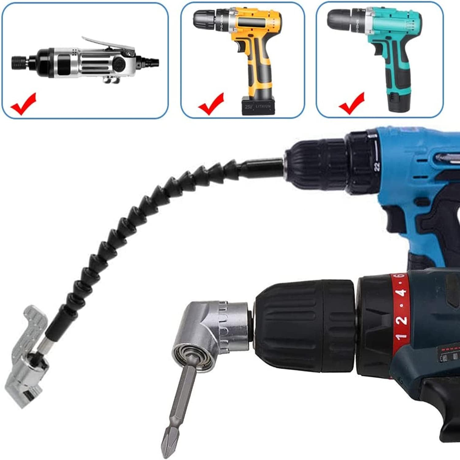 Pacify Flexible Drill Bit Extension Set, Bendable Drill Bit Extension, 105&deg; Right Angle Drill Attachment, Hex Shank Drill Bit Holder, 1/4" 3/8" 1/2" Hex Socket Adapter Set image number 5