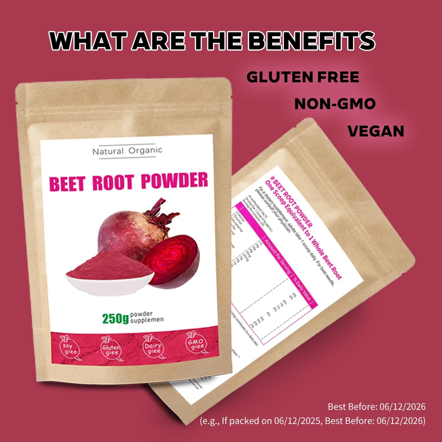 Organic Beet Root Powder - Non-Gmo Superfood for Smoothies & Baking | Nutrient-Dense Natural Vitality Support | Pure Powder with Essential Nitrates（250G） image number 2