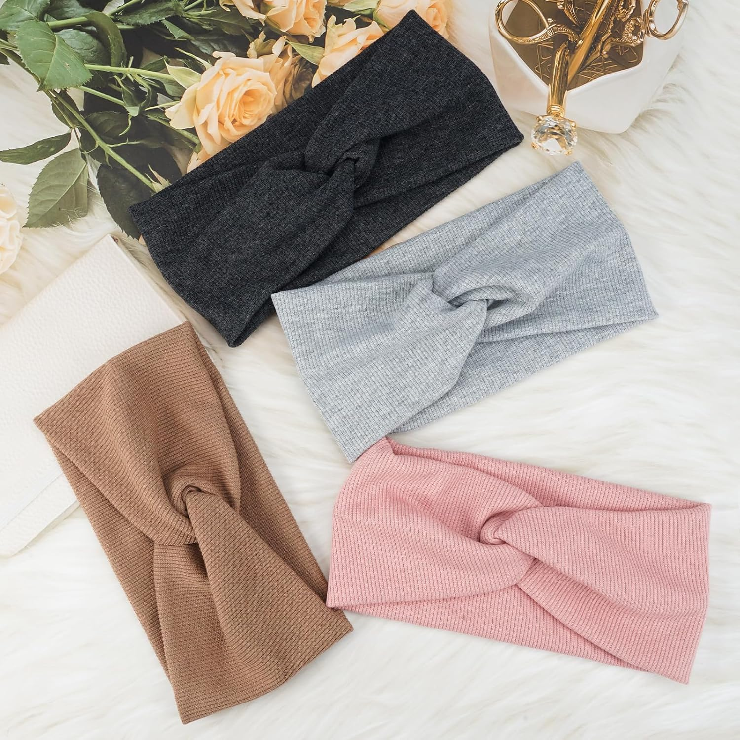 Cotton Headband Elastic for Autumn Winter Pack of 4 One Size for Women and Girls, Knitted Elastic Fleece, Headband Thin, Hair Band Knot, Warm Hair Bands, Wide image number 1