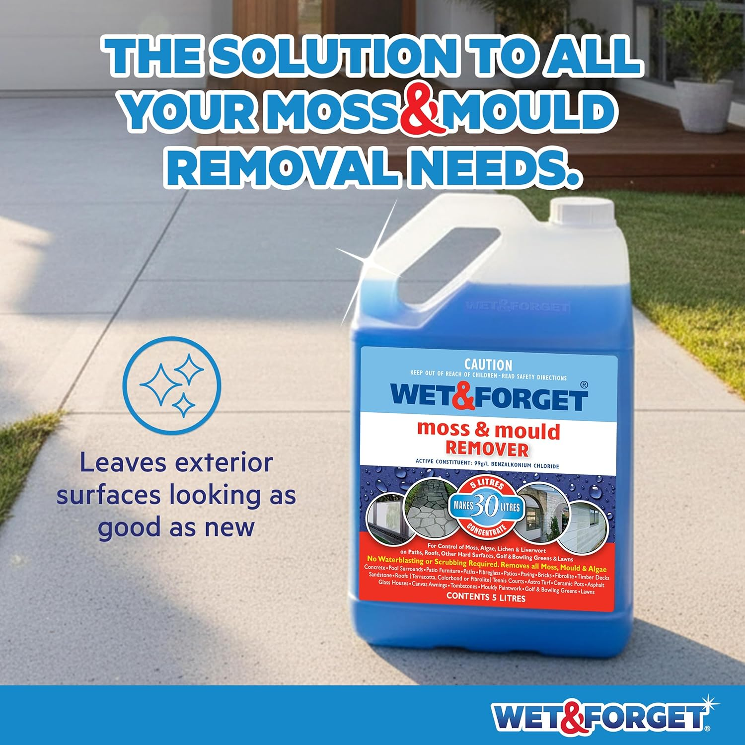 Wet & Forget Moss, & Mould Remover 5L &ndash; No Scrub Exterior Moss & Mould Removal for Roofs, Decks, Fences, Concrete, Patios, Brick & Cladding &ndash;, Bleach-Free Concentrate Formula image number 2