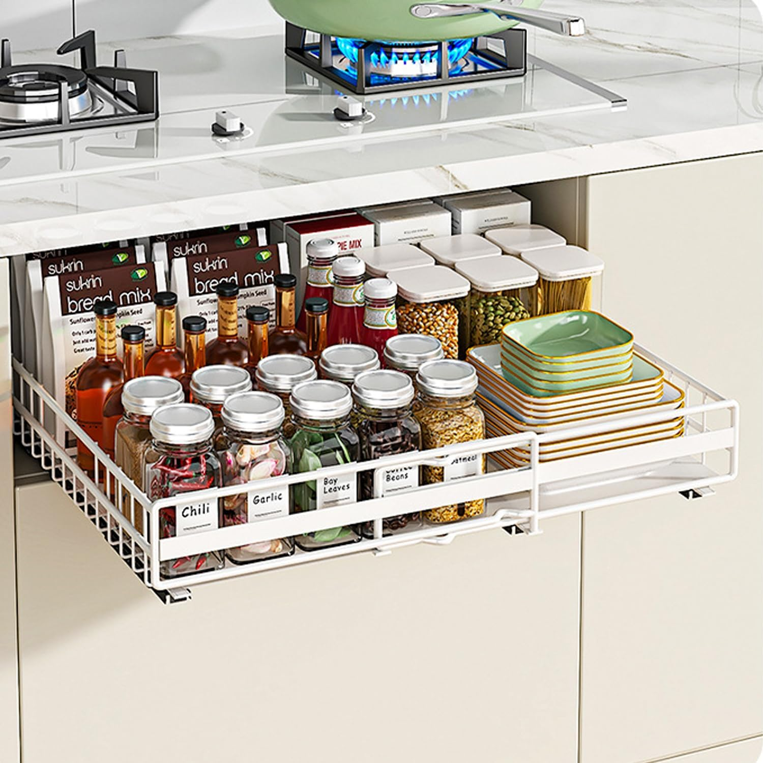 Pull Out Drawers for Cabinets, Extendable Slide Out Drawers Kitchen, Living Room, Home, Adhesive Pull Out Drawers for Cabinets, Expandable 12.2-20.7In, 16 in Deep (2 Pack) image number 4