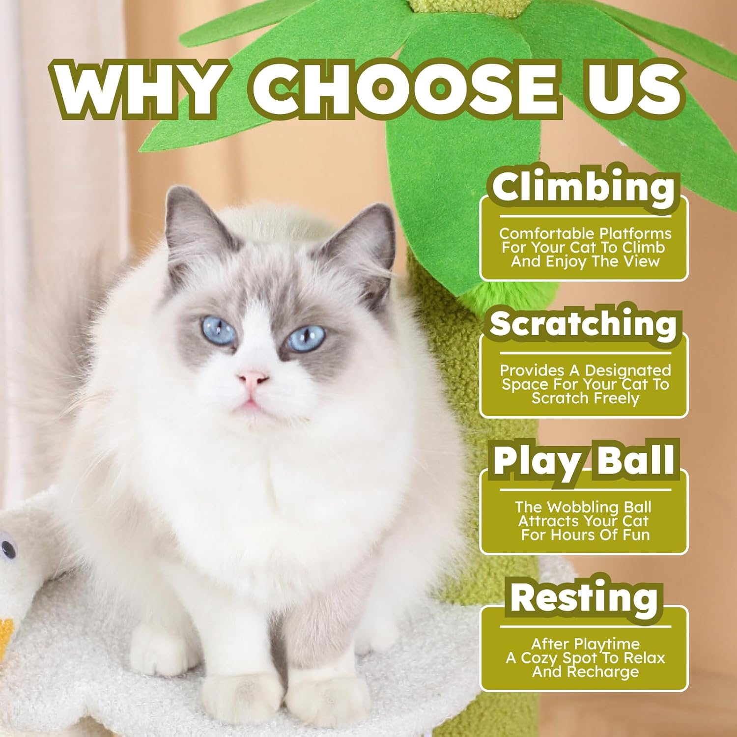 Cute Cat Tree - Duck Shaped Cat Tower with Cozy Bed, Scratching Post, Plush Perches and Hanging Toys, Sturdy Cat Activity Tower for Kittens and Small Cats, 52Cm Tall image number 4