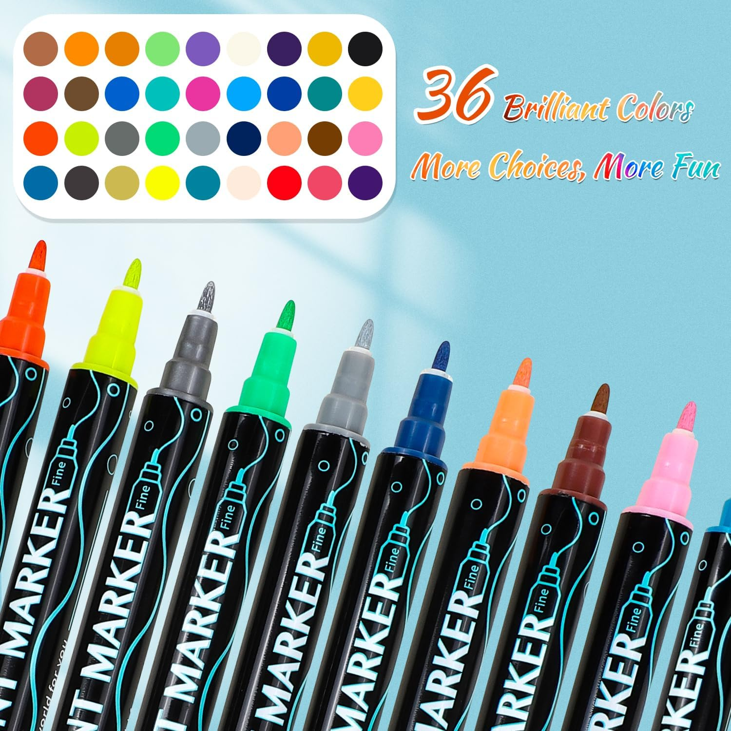 Moomoo Baby 36 Colors Acrylic Paint Pens, Dual Tip Pens with Dot Tip and Fine Tip, Paint Markers for Rock Painting, Ceramic, Wood, Calligraphy, Scrapbooking, Card Making, DIY Crafts, Kids Gift image number 1
