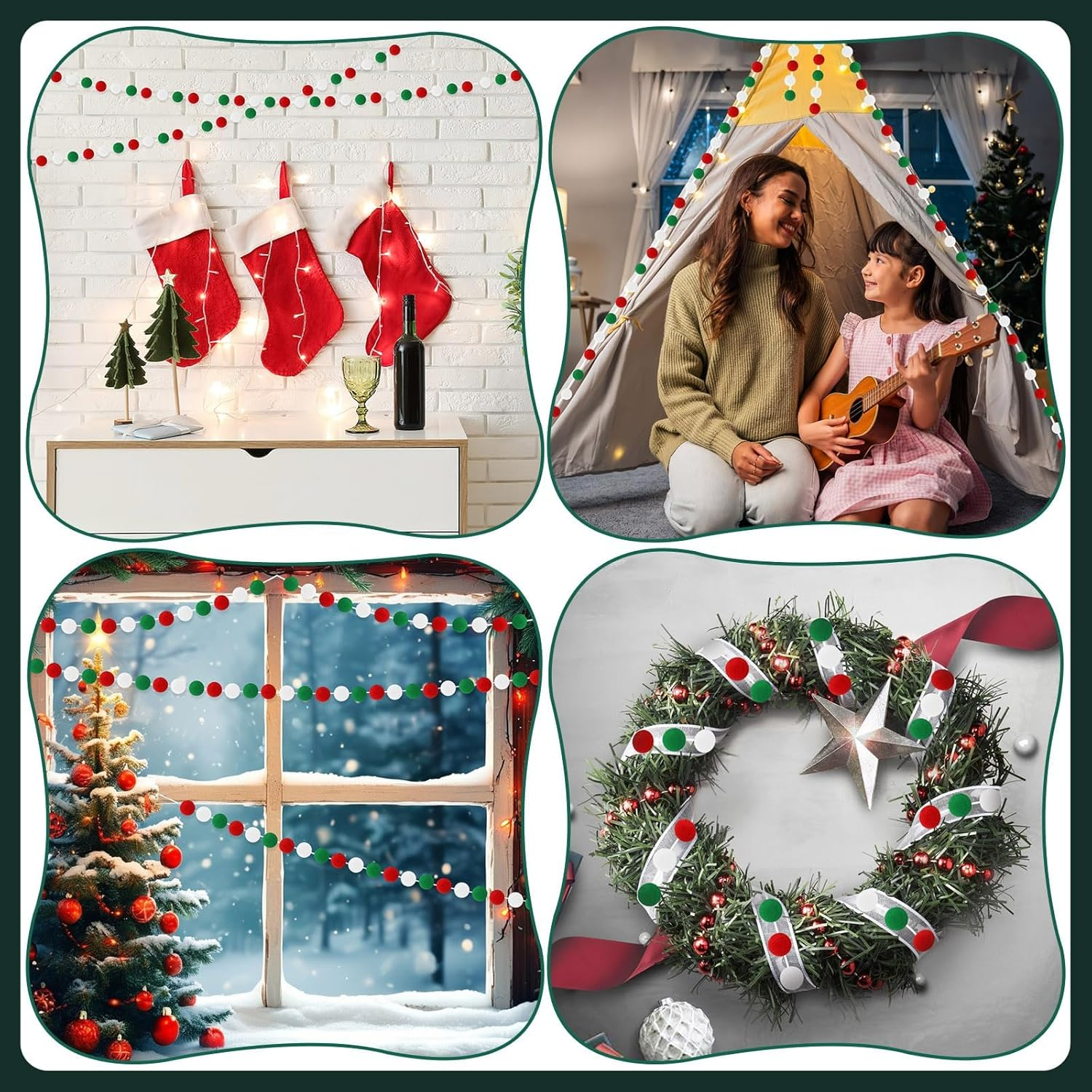 MARFOREVER 4 Pack 26.3 Feet Christmas Pom Pom Garland Ornaments Red White Green 30 Balls Garlands Christmas Felt Garland Hanging Supplies for Xmas School Classroom Fireplace Wall Home Party Decor image number 3