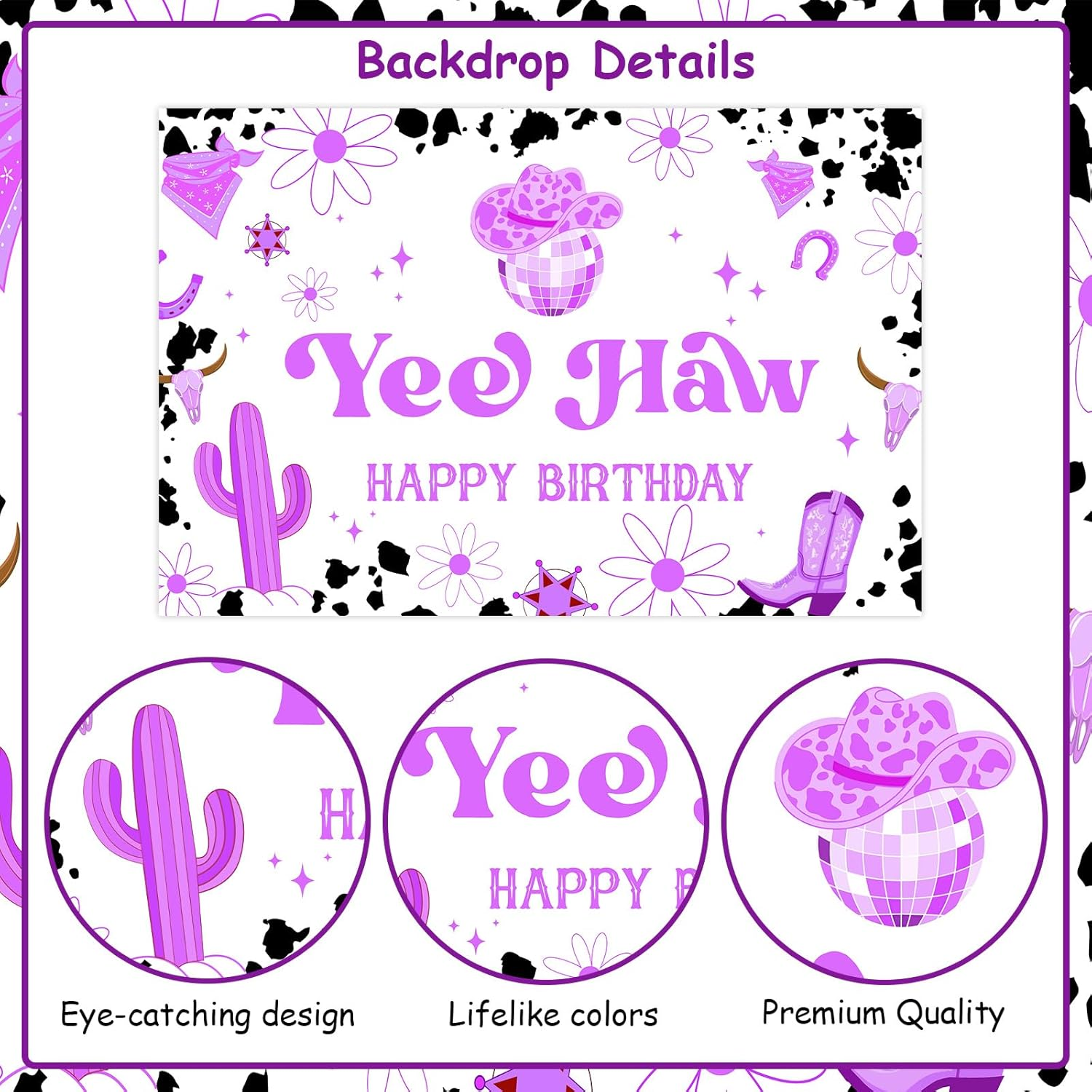 Wonmelody Cowgirl Birthday Party Backdrop Decorations Purple 4.92 * 3.28Ft Yee Haw Happy Birthday Backdrop Banner Western Cowgirl Disco Horse Farm Birthday Party Supplies Photograph Background image number 5