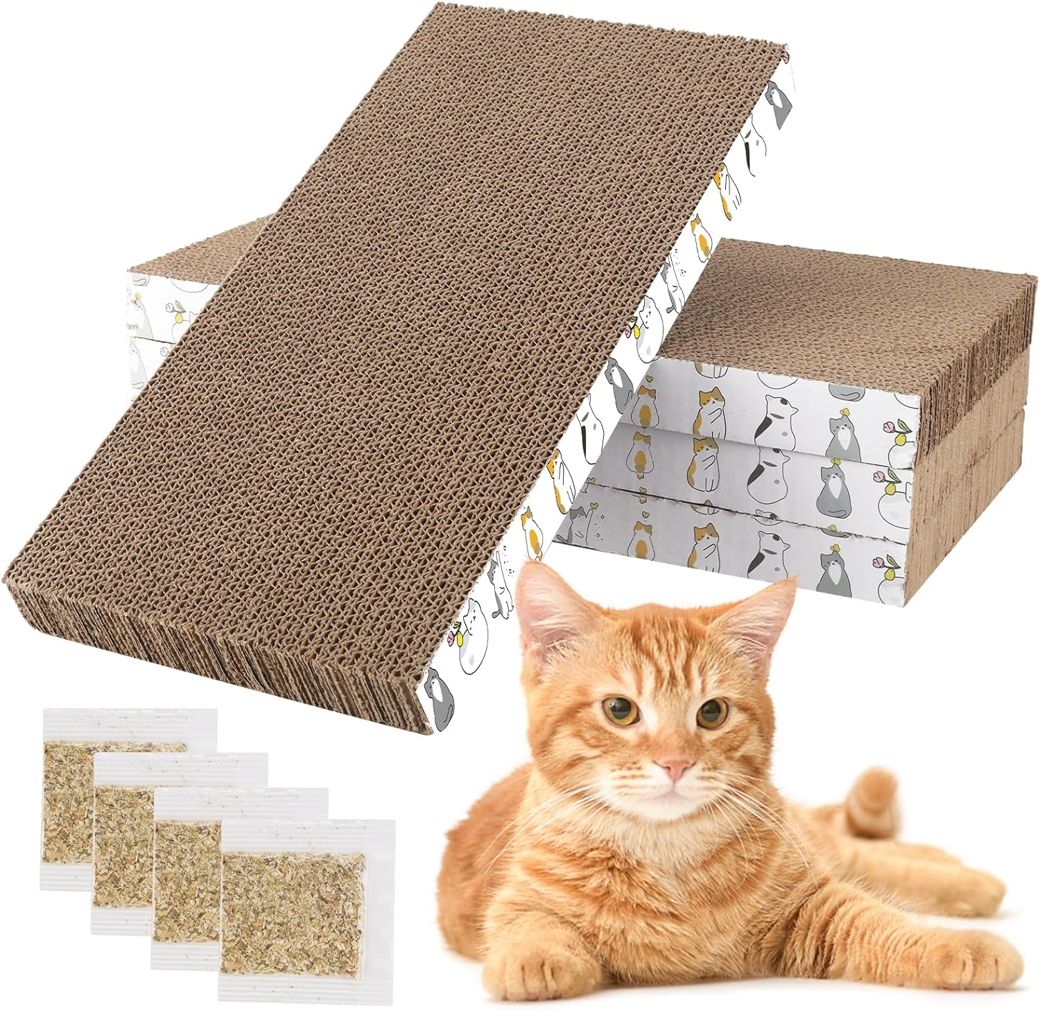 Patiencet Cat Scratching Board 4 Pack, Cardboard Cat Scratcher with Catnips, Flat Double-Sided Cat Scratch Pad for Indoor Small Medium Cats Kittens