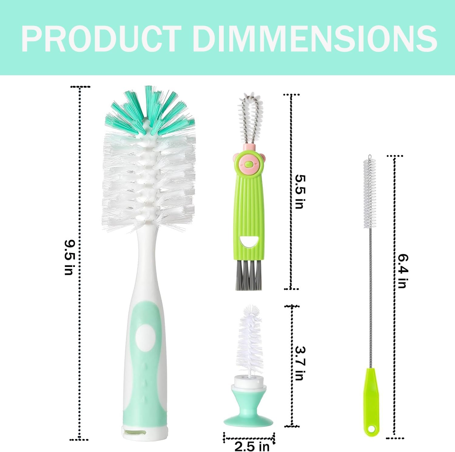 Baby Bottle Cleaner 4 in 1, Bottle Brush Set, with 1P Nylon Bottle Brush, 1P Bottle Cap Brushes, 2P Straw Brushes, Bottle Brush with Nipple Cleaner and Suction Cup, Bpa-Free(Green) image number 3