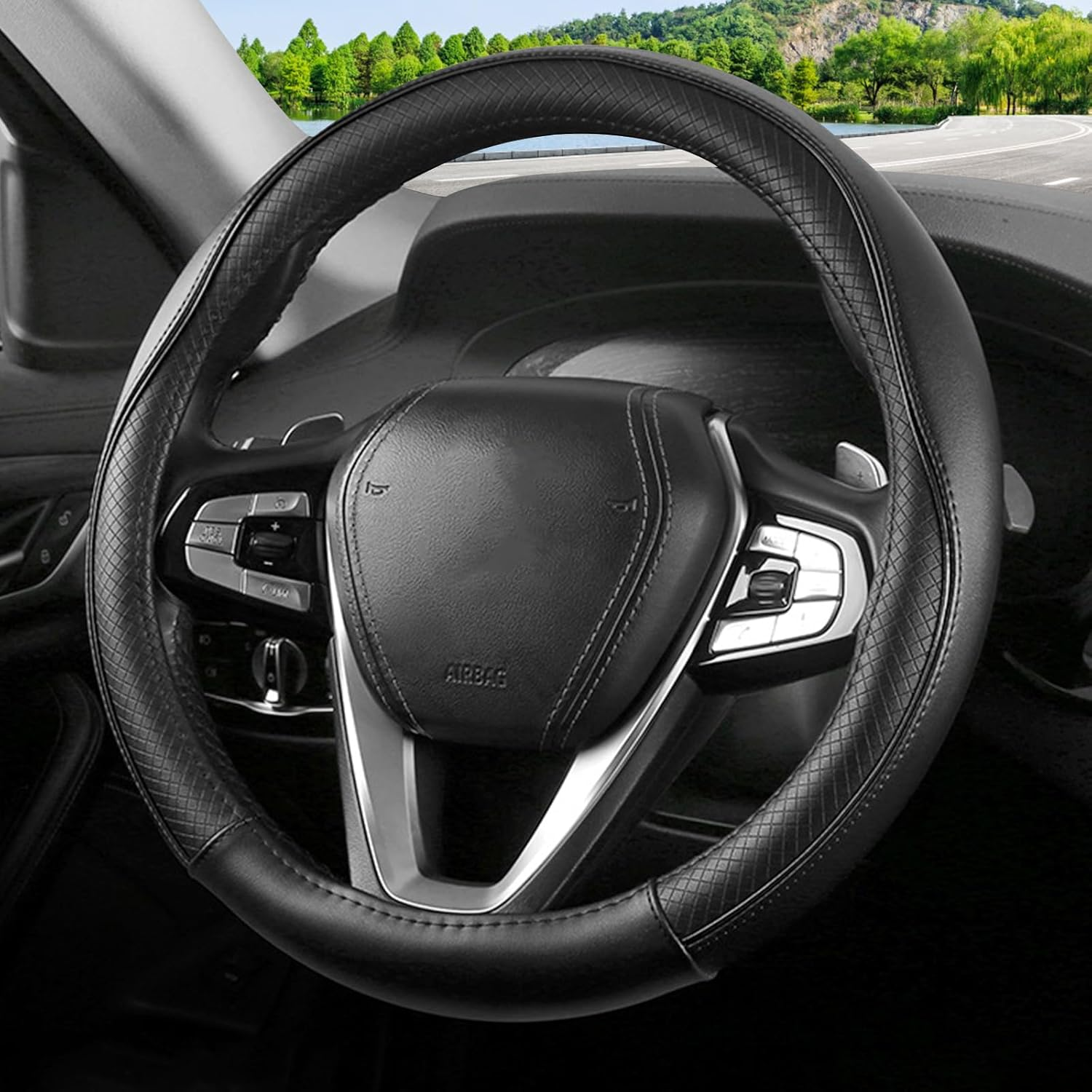 Car Steering Wheel Cover, Universal 15 Inch Fit, Anti-Slip Napa/Microfiber Leather Suede Stearing Wheel Protector Covers, Soft Breathable, with Car Seat Belt Pads for Women Man (Leather Carbon Fiber)