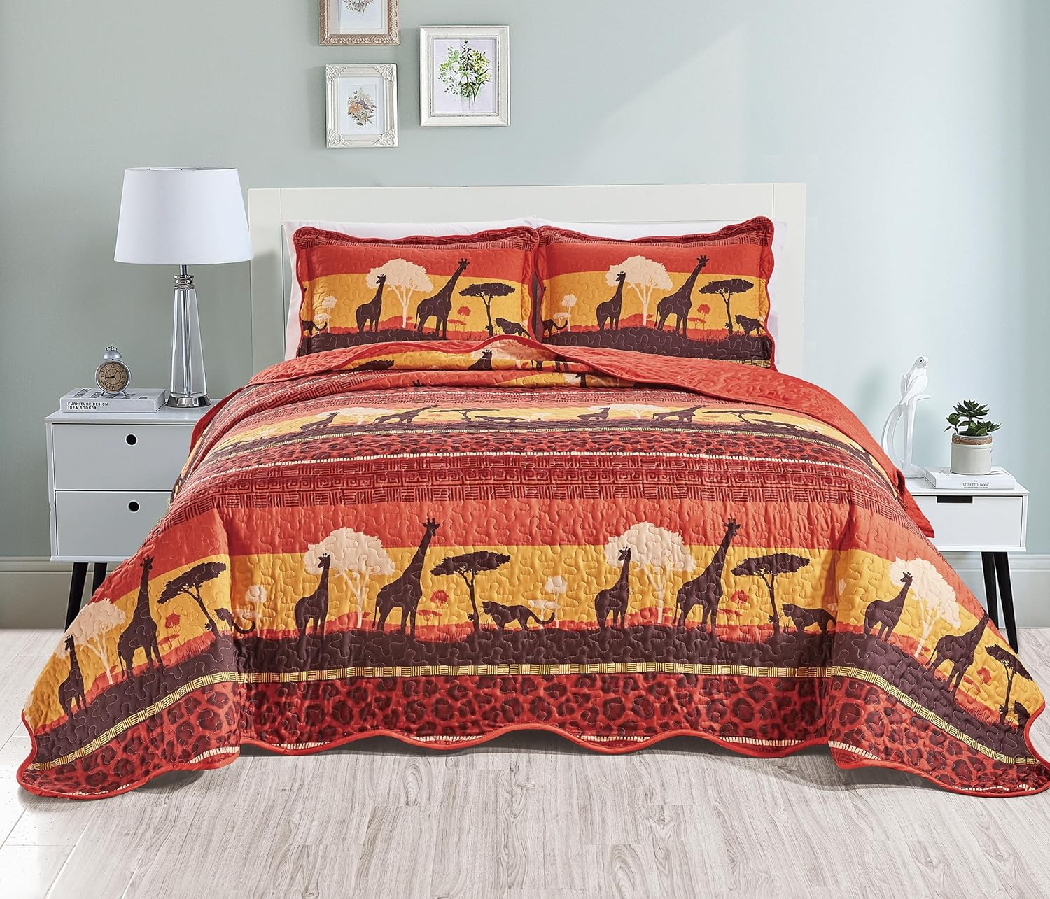 Grand Linen 3-Piece California Cal King Size Wave Edged Oversized Quilt Set 118" X 95" All-Season Large Bedspread Pillow Shams Lightweight Soft Coverlet Pink Blue Green Orange Colors Floral Pattern