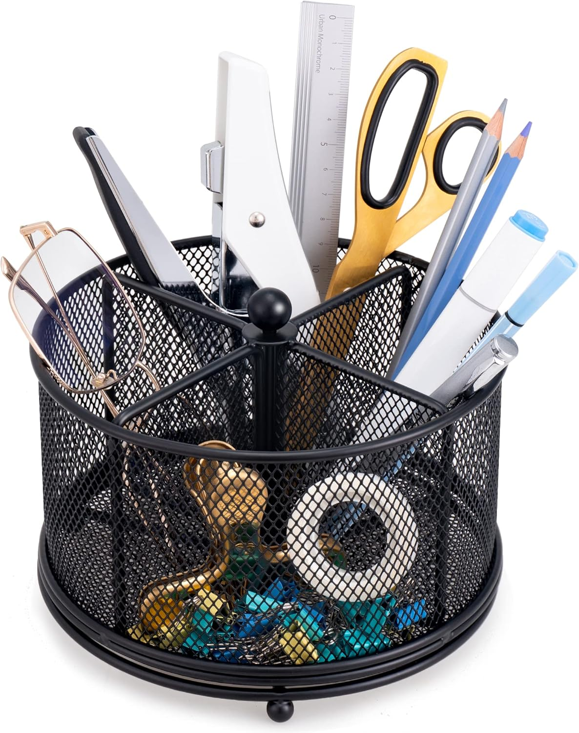 Varhomax Desk Organizer Black, 360&deg; Rotating Pencil Holder & Makeup Brush Pen Holder for Home Office Supplies - 4 Compartments Mesh Organizer with Large Storage Capacity