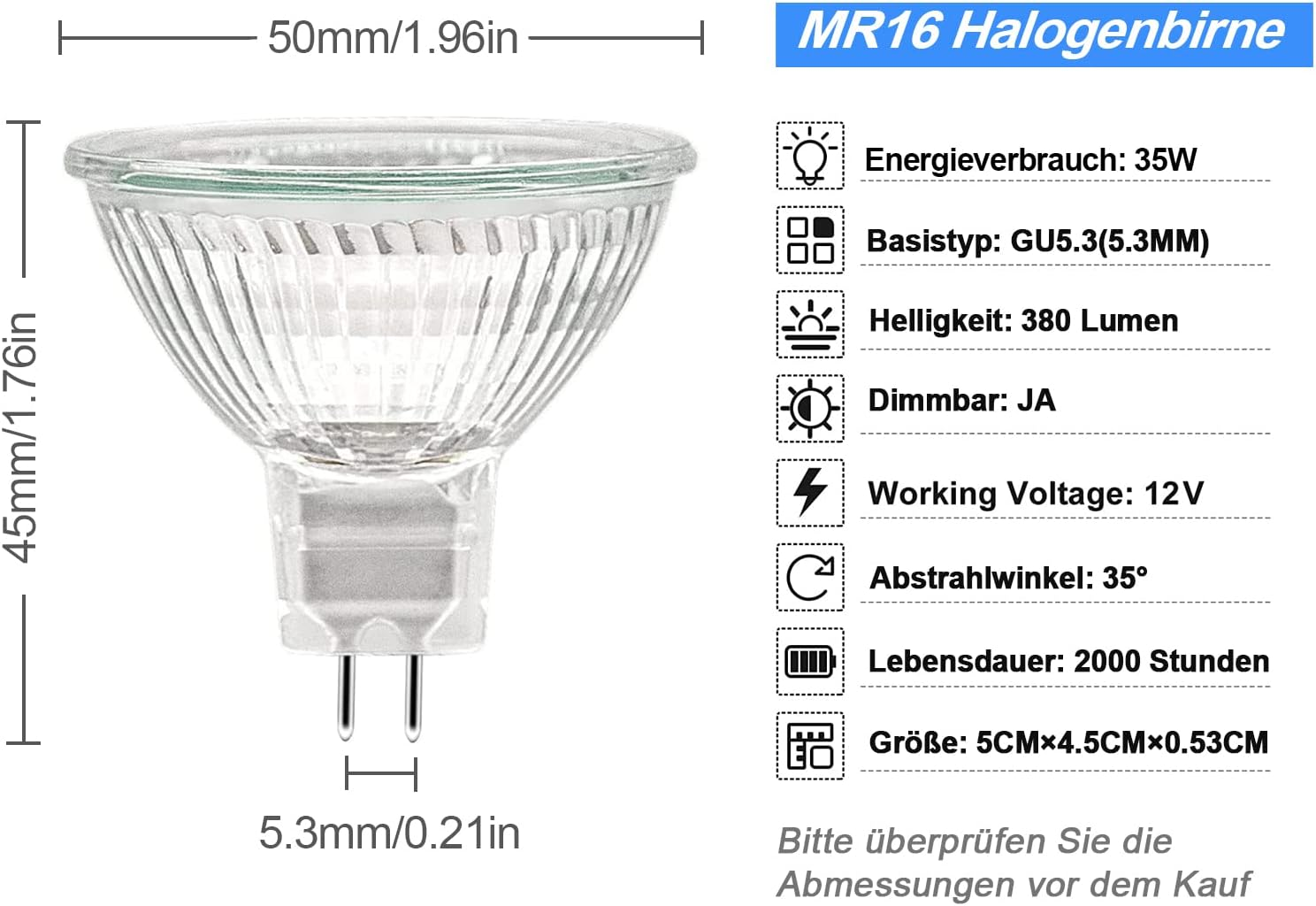 Weshlmpo Halogen MR16 Gu5.3 Halogen Light Bulb Dimmable 12 V 35 W Warm White 2700 K for Halogen Spotlight Installation Rail Lighting Pack of 6 image number 6