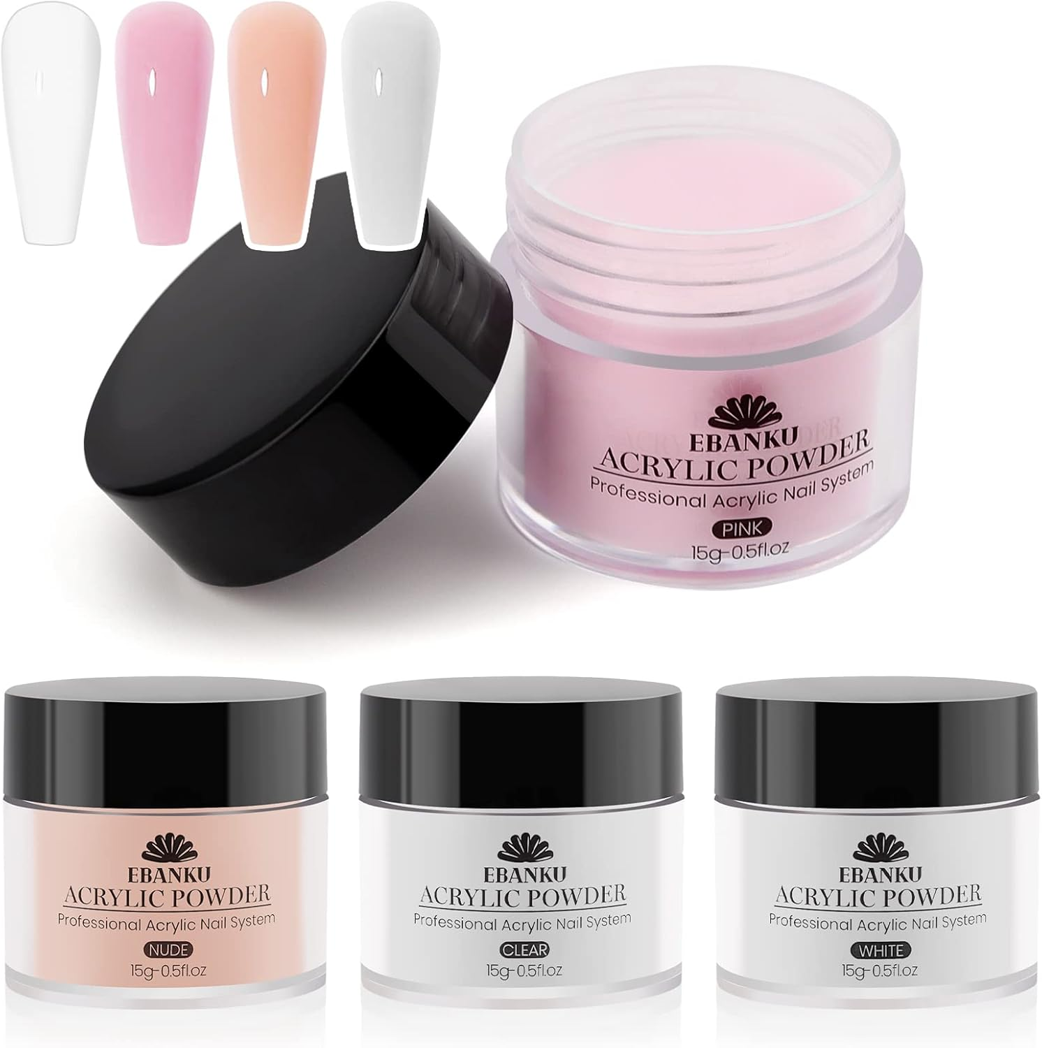 EBANKU Acrylic Powder Set, 4 Colors Acrylic Nail Powder Professional Acrylic Powder for Nail Acrylic Extension, Nail Carving, Long-Lasting, No Nail Lamp Needed image number 3