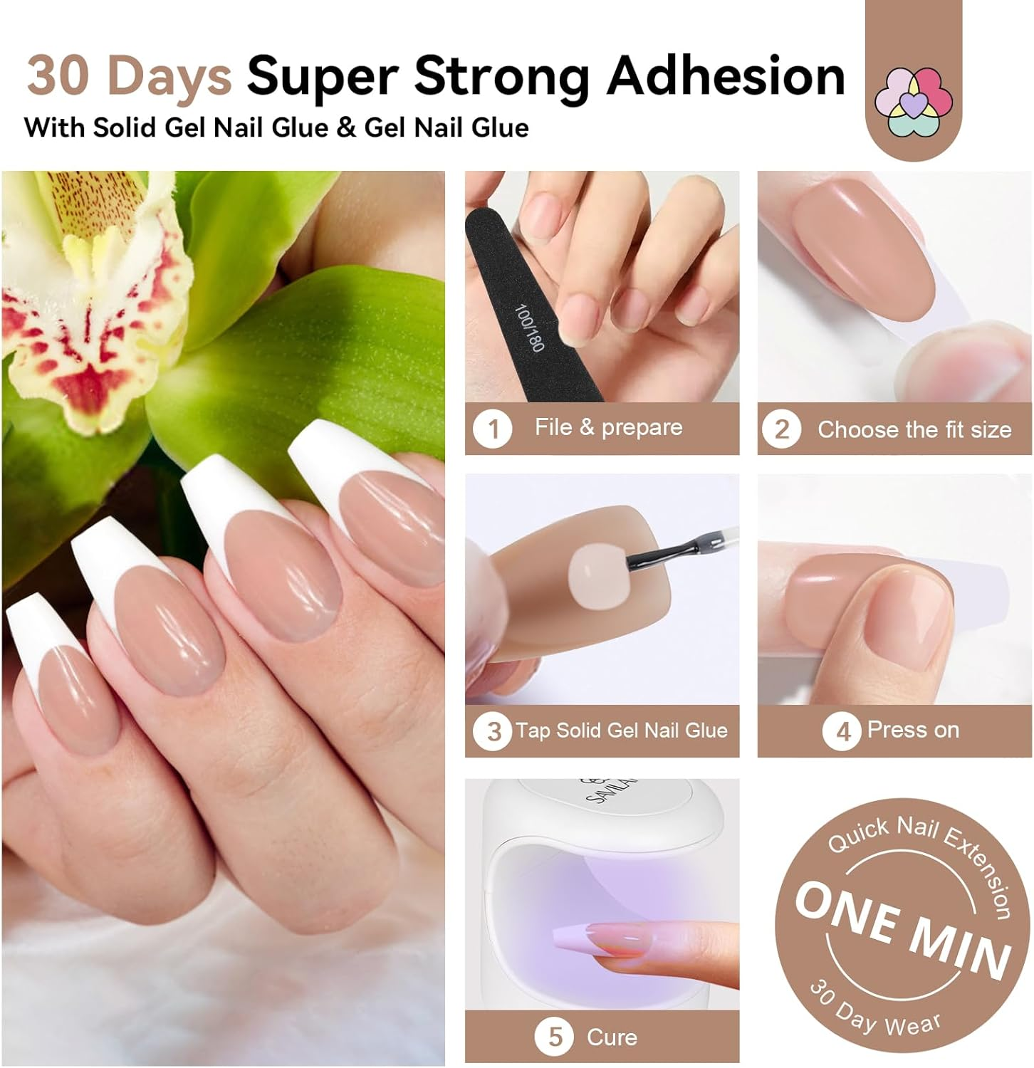 SAVILAND Gels Nail Tips: 30 Days Wear Nails Press Ons Brown Medium Coffin French Tip Press on Nails 256 Pcs Strong Nail Glue for Press Ons U V Light Electric Nail File Nail Art Tools for Beginners