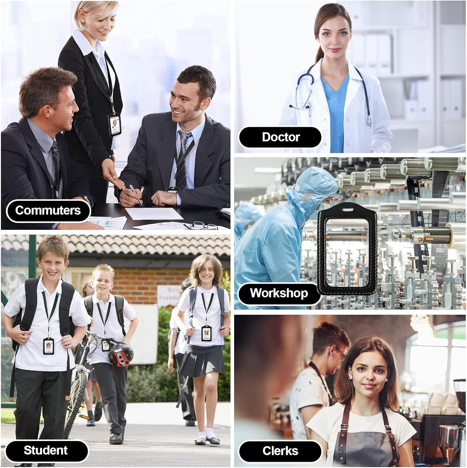 Badge Holder, 4 Pcs Leather ID Card Holder, Clear ID Window Card Holder for School Office (Black, Brown) image number 1