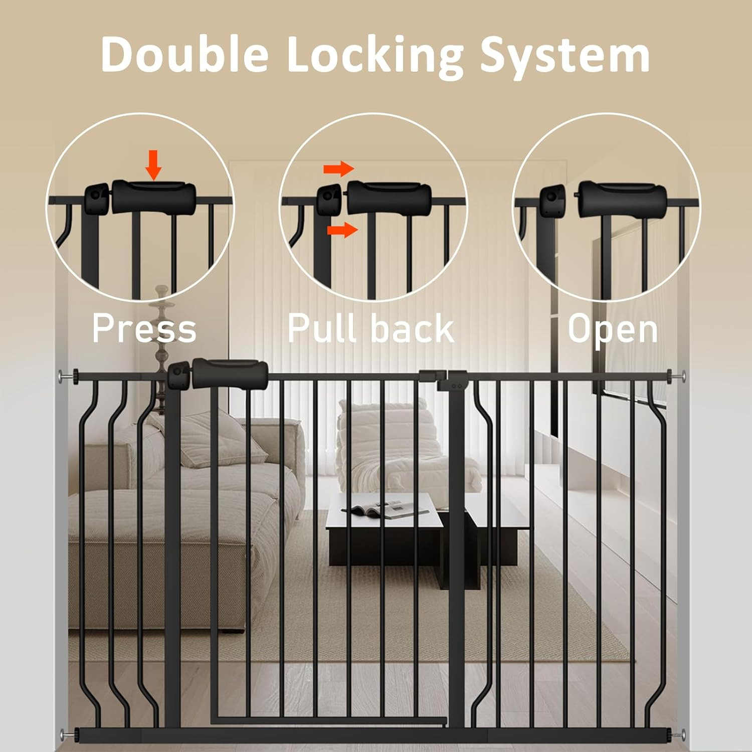 DEARBB Wide Baby Gate 110 to 134Cm Wide,78Cm Tall Walk Thru Pressure Mount Dog Gate with Small Pet Door,Double Lock Auto Close, for Stairs and House Doorway Kitchen image number 2