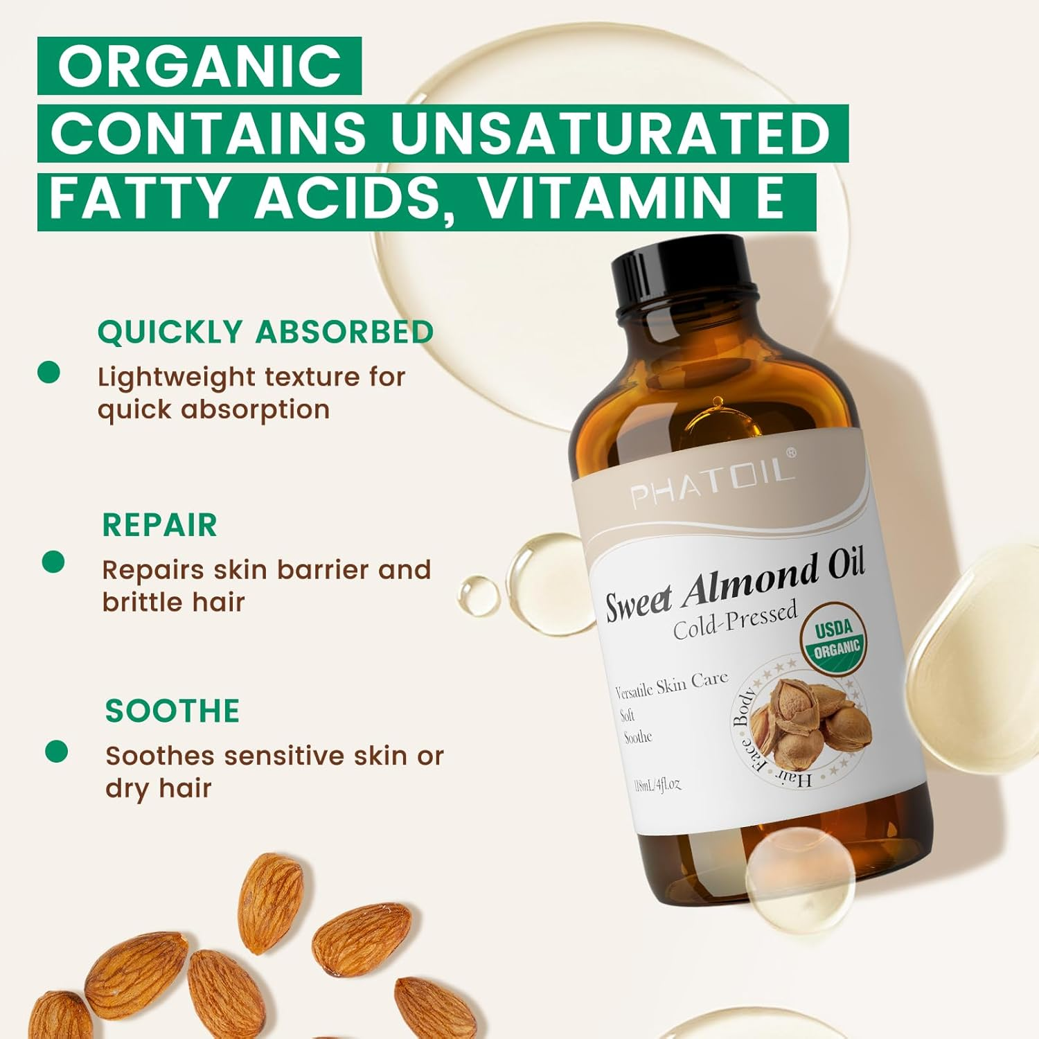PHATOIL Organic Sweet Almond Oil for Skin 118 Ml (4 Fl.Oz), USDA Certified Organic, Cold Pressed Almond Oil in Glass Bottle for Hair, Face, Body Moisturizer, Carrier Oil for DIY, Massage image number 4