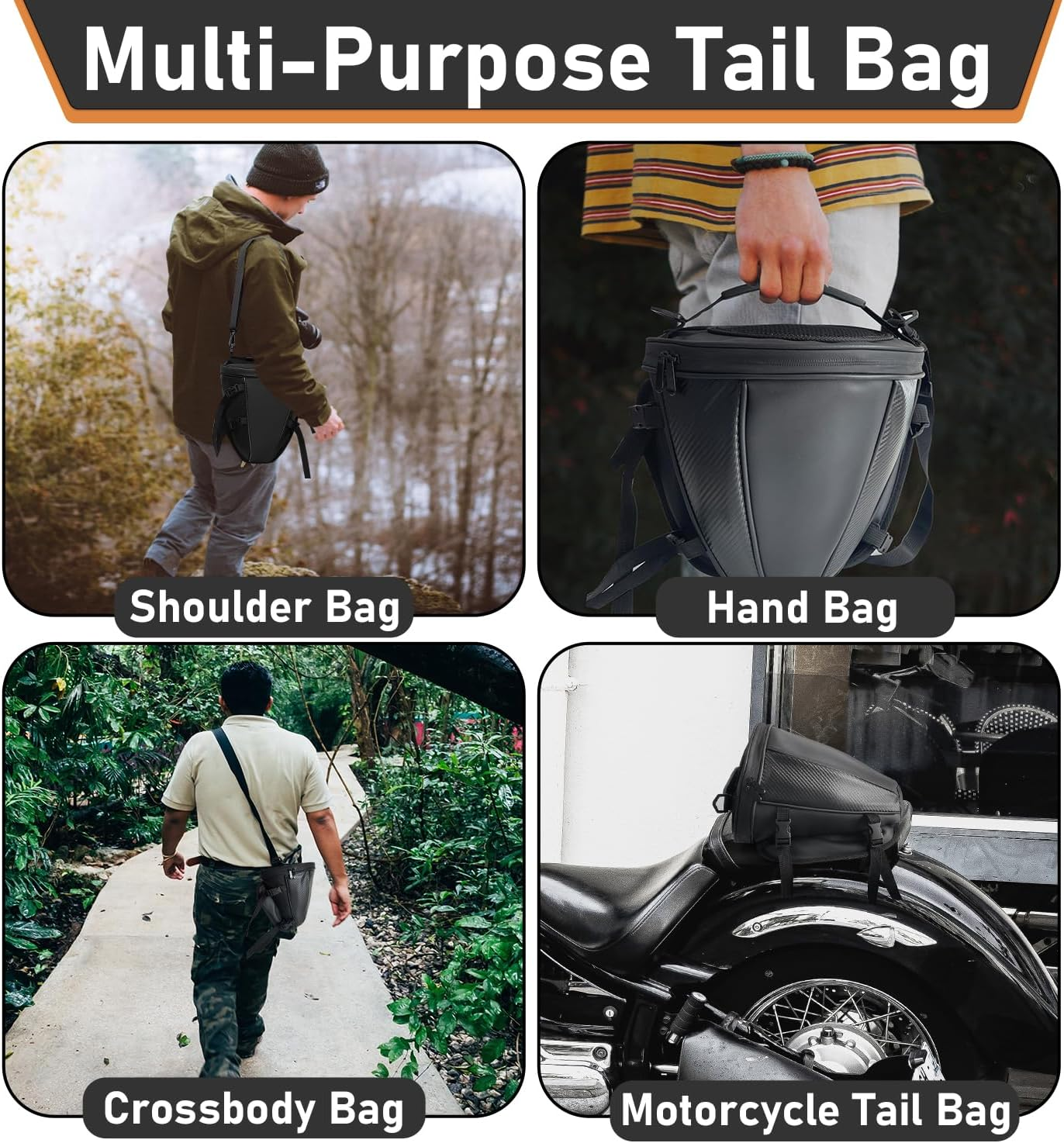 Socpuro Motorcycle Tail Bag Waterproof Rear Seat Storage Saddle Bag Motorbike Tank Bag with Shoulder Strap, Black SCP-005 image number 2