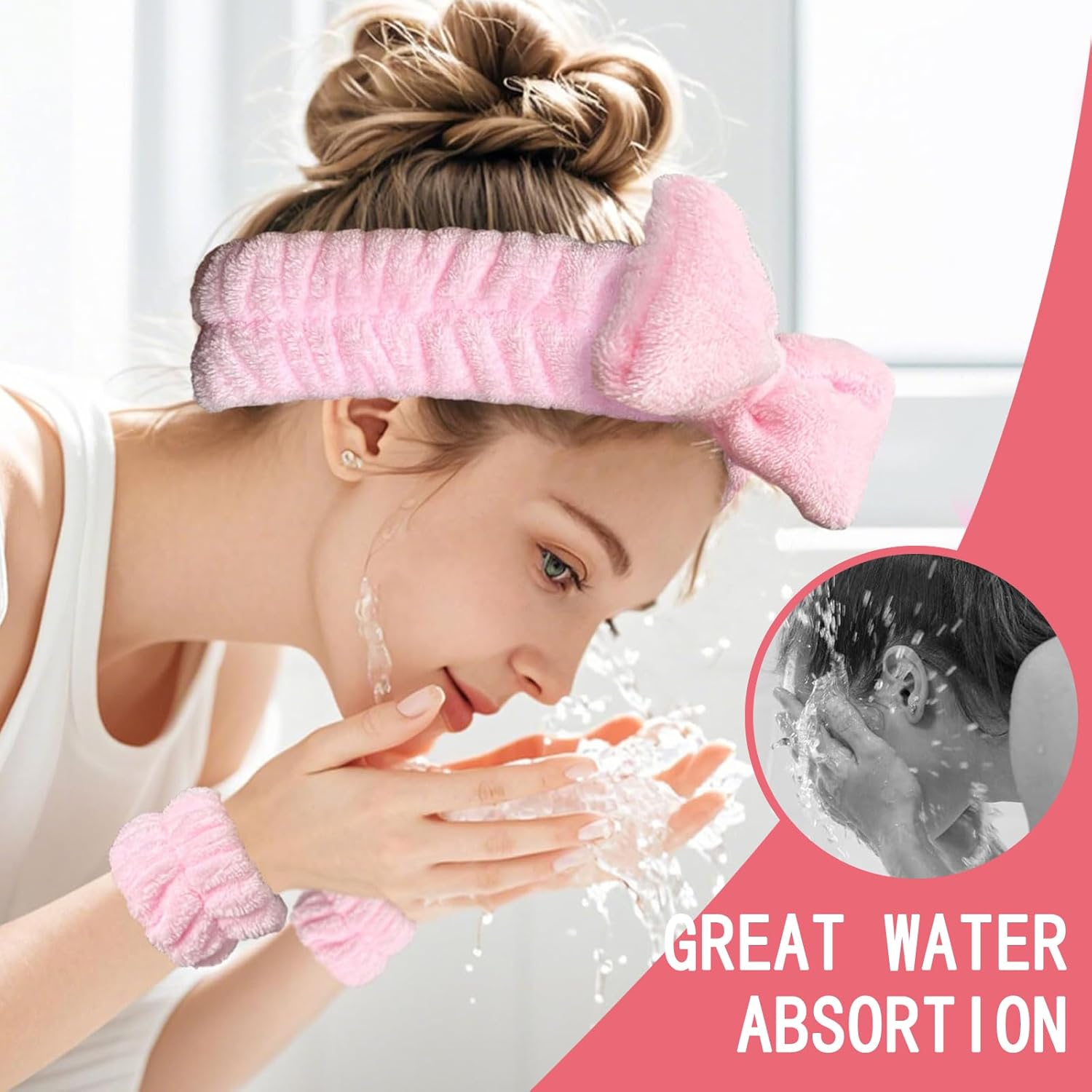ZWWOGE Set of 4 Hairbands, Cosmetics, Pink Headband for Washing the Face, Skin Care, Headbands, Make-Up Hair Band, Headband, Wrist Wash Band Set for Women, Girls, Sports, Shower, Makeup Removal image number 4