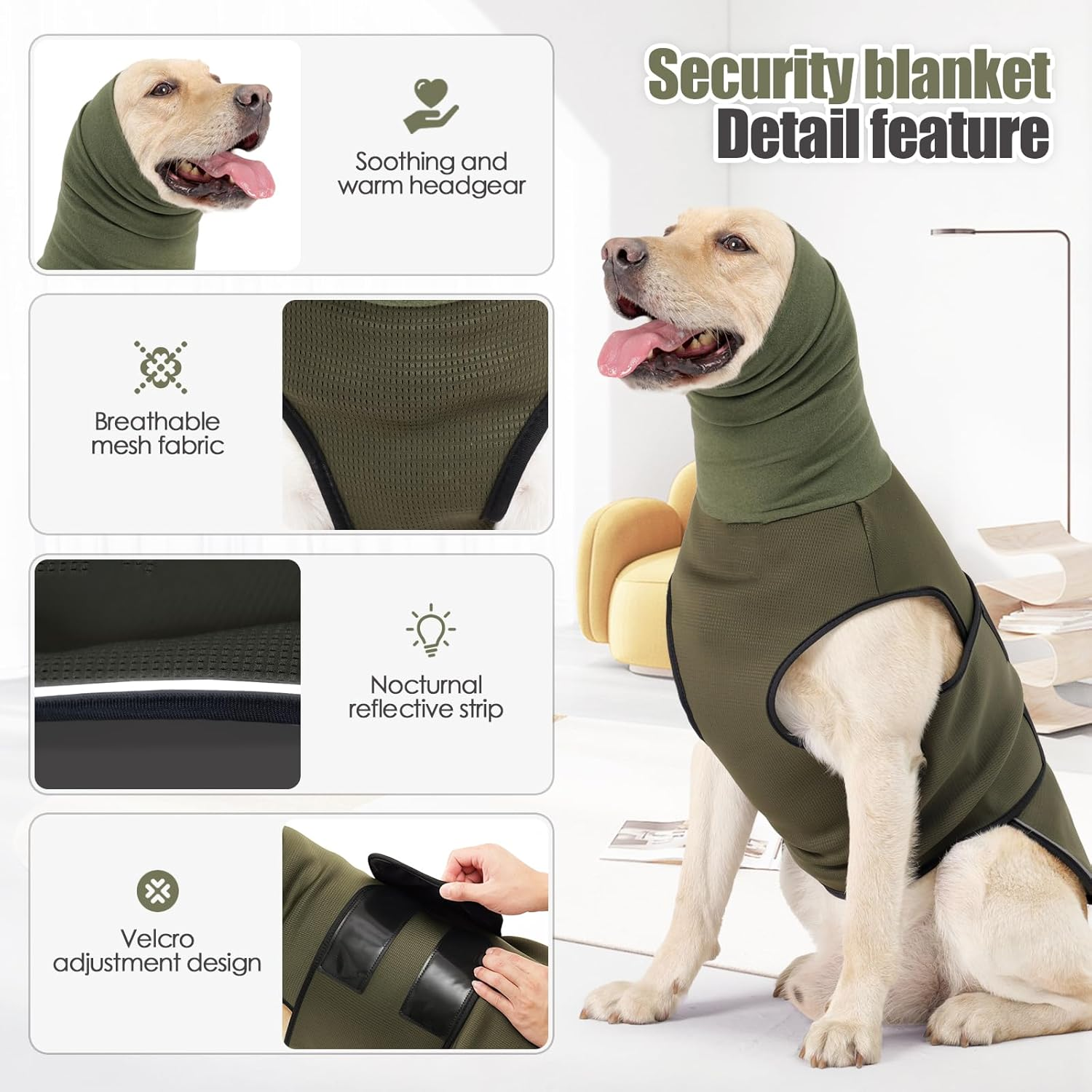 Velmoriah Dog Calming Hoodie, Pet Thunder Jacket with Ear Wrap, Breathable Dog Anti-Anxiety Vest (Green, M) image number 1
