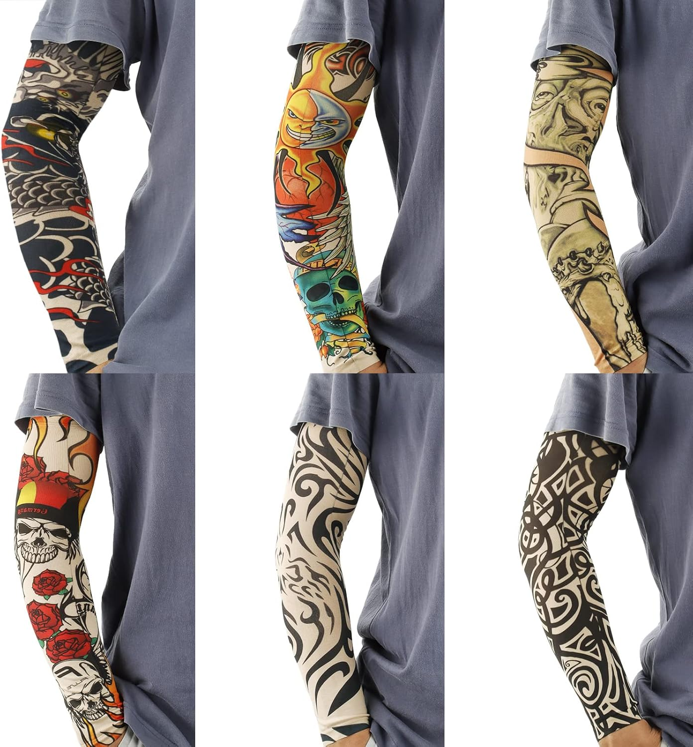 YARIEW Tattoo Sleeves for Men, 12Pcs Arm Sleeves Fake Tattoos Sleeves to Cover Arms Cooling Sun Protection Sleeves image number 6