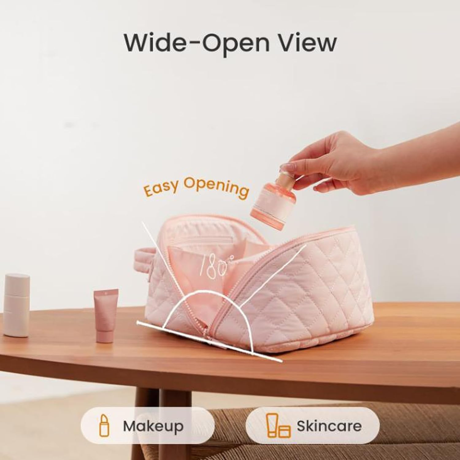 2 Pack Travel Makeup Bag Set with Clear Pouch, Women'S 180&deg; Lay-Flat Waterproof Cosmetic Organizer with Multi-Compartment, Large Capacity Toiletry & Brush Case for Daily Use and Travel (Pink) image number 4