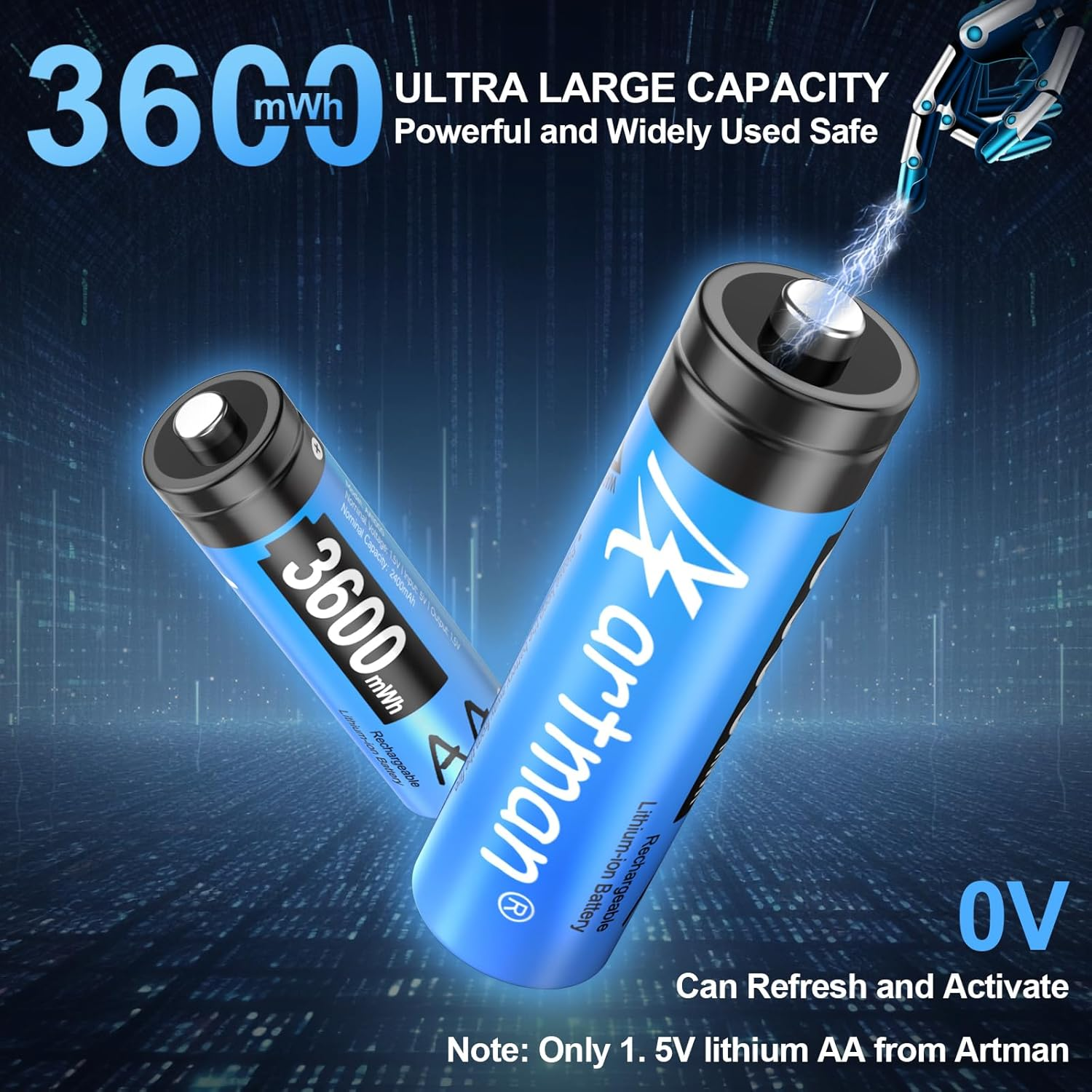 Artman Rechargeable Lithium AA Batteries with Charger, 8 Pack 3600Mwh AA Lithium Batteries for Blink Outdoor Camera, 1.5V Constant Output Double a Battery Rechargeable, 2000 Cycle Charging Time (Blue) image number 4