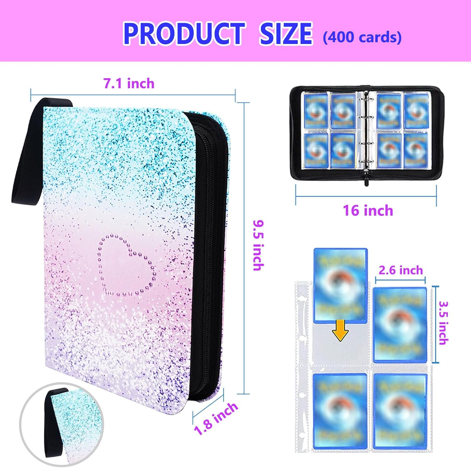 Momerch 400 Pockets Trading Card Binder, Coloful PU Cover Zip Binder Card Album Folder with 50 Detachable Sleeves Album Folder for Standard Size Cards Sports Cards Gaming Cards Baseball Cards image number 1