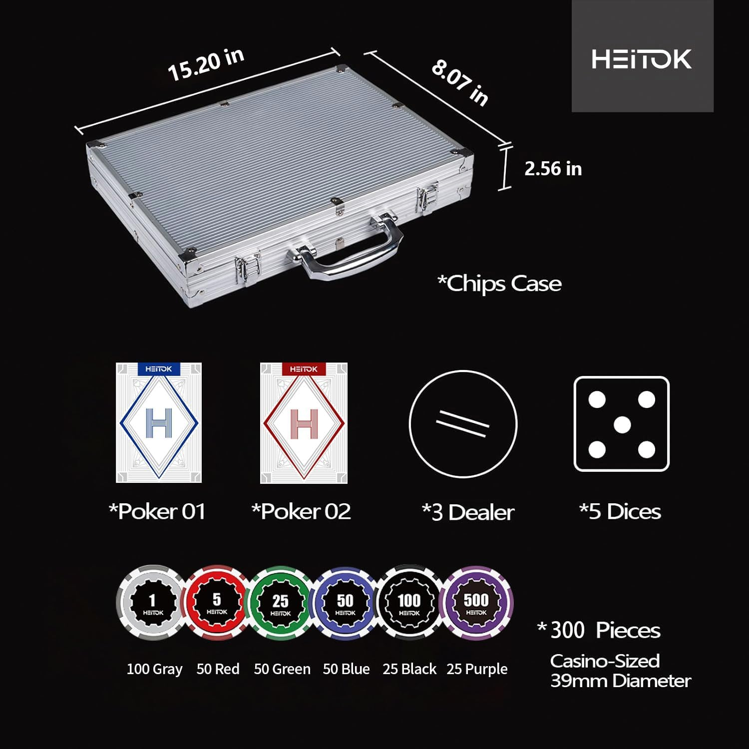 Poker Chips Set with Denominations, 300Pcs 11.5G Weighted Casino Chips, Aluminum Carrying Case, 2 Decks, 5 Dice & Dealer Buttons - for Texas Hold'Em, Blackjack, Family & Party Games image number 6