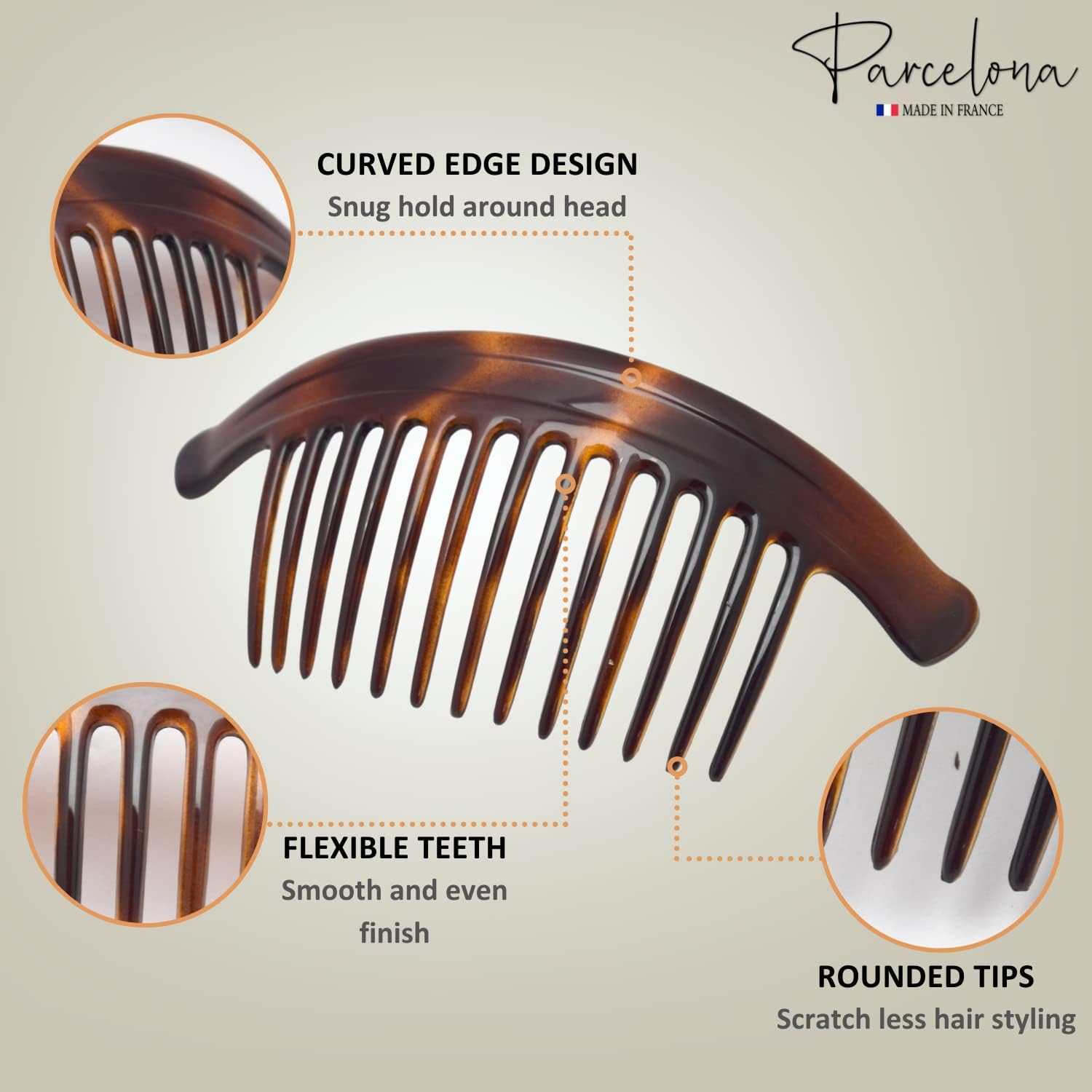 Parcelona France Arch Extra Large Tortoise Brown Shell 13 Teeth Interlocking Side Hair Comb Pair image number 3