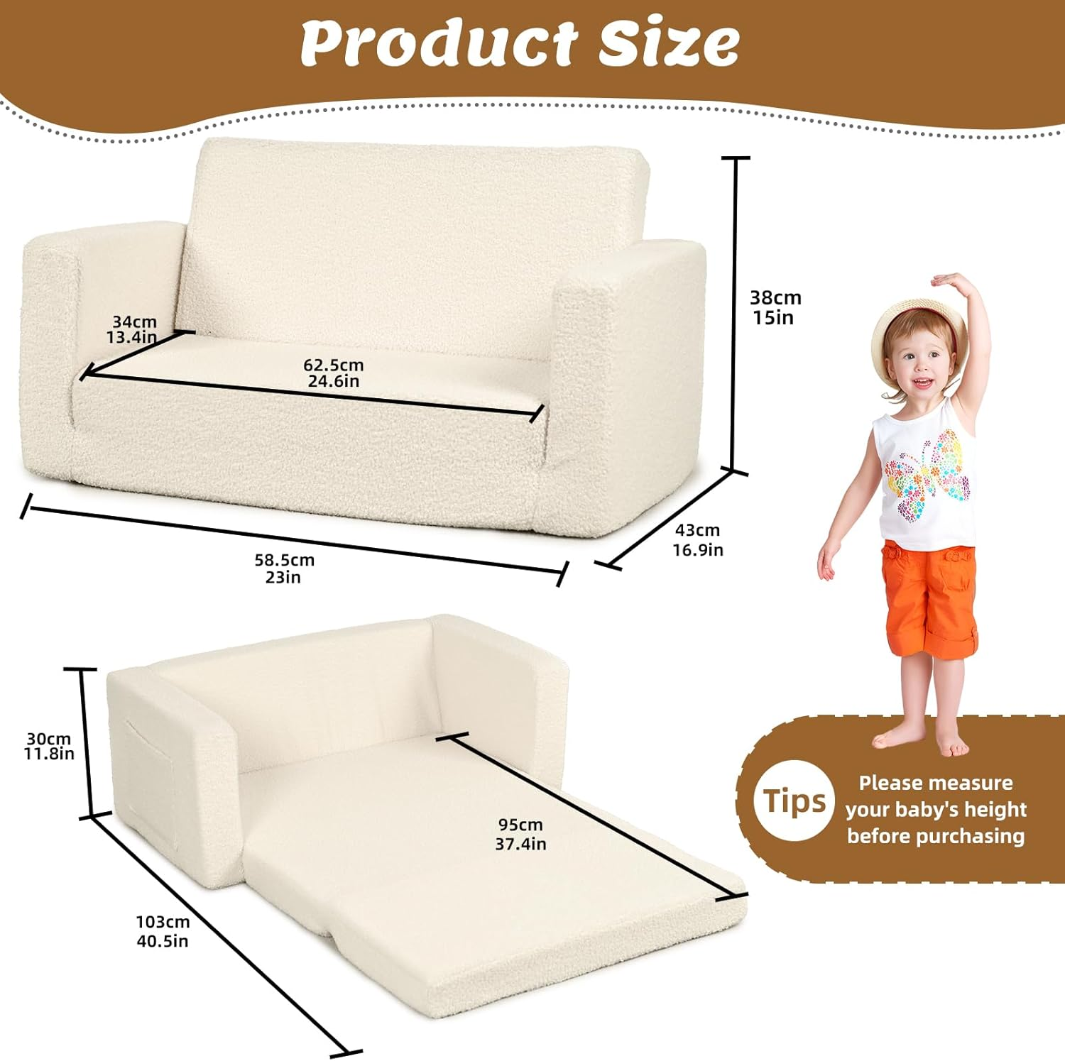FAYDUDU Kids Sofa, 2-In-1 Fold Out Soft Toddler Couch, Toddler Sofa Bed with Washable Covers, Chair with Side Pocket Suitable for Playroom and Bedroom, Baby Sofa for Boys and Girls (Beige, L) image number 3
