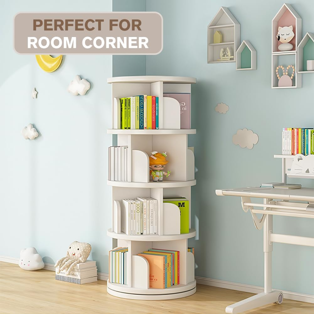 4 Tier Rotating Stackable Shelves Display Bookshelf Organizer Floor Standing Corner Narrow Revolving Bookcase for Living Room, Bedroom (White) image number 6