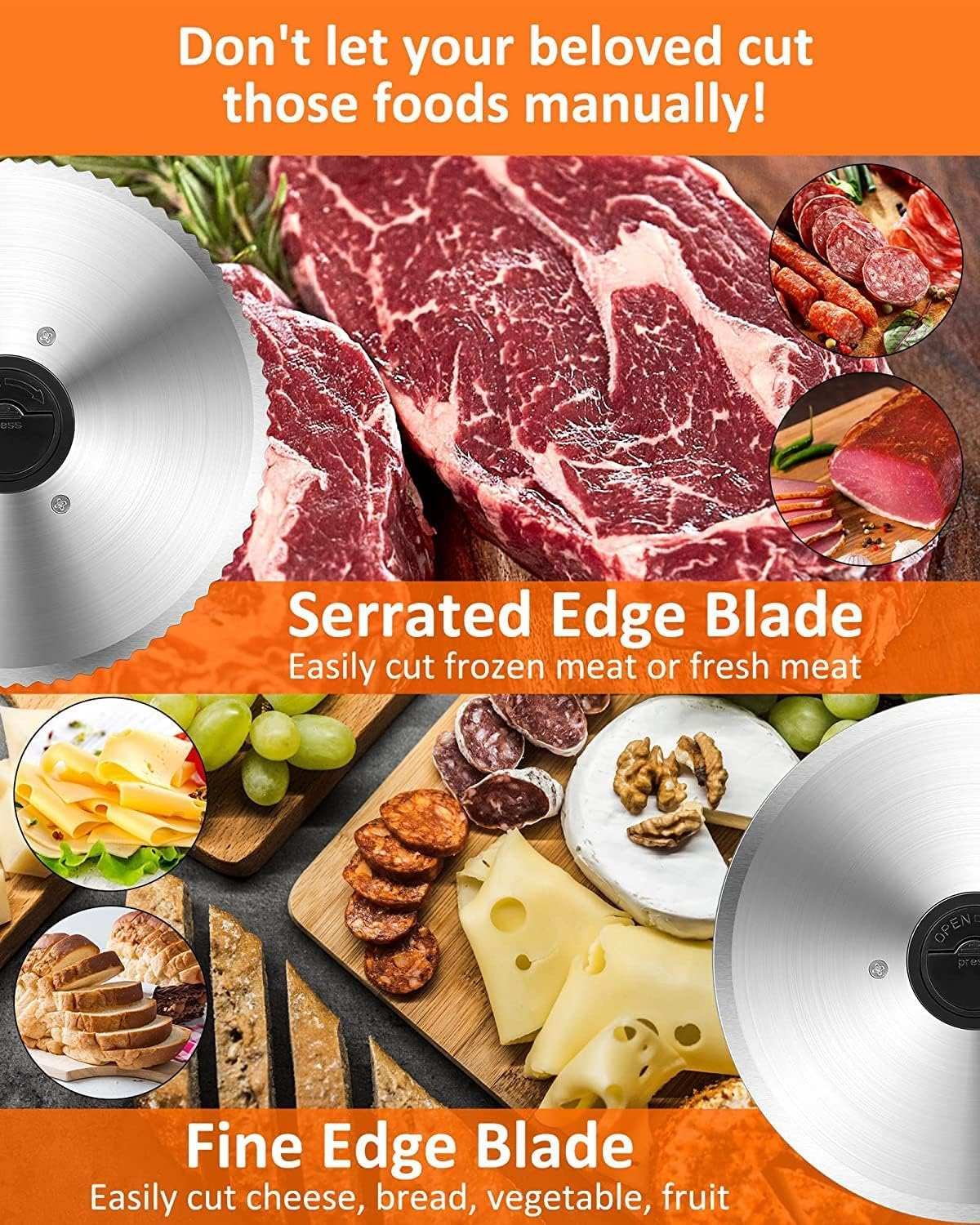 Adando Electric Meat Slicer Machine: Deli Meat Slicer Food Processors with 3 Stainless Steel Blades - Adjustable Thickness Easy Clean - Meat Chopper for Kitchen/Commercial Use - for Meat Cheese Bread image number 4