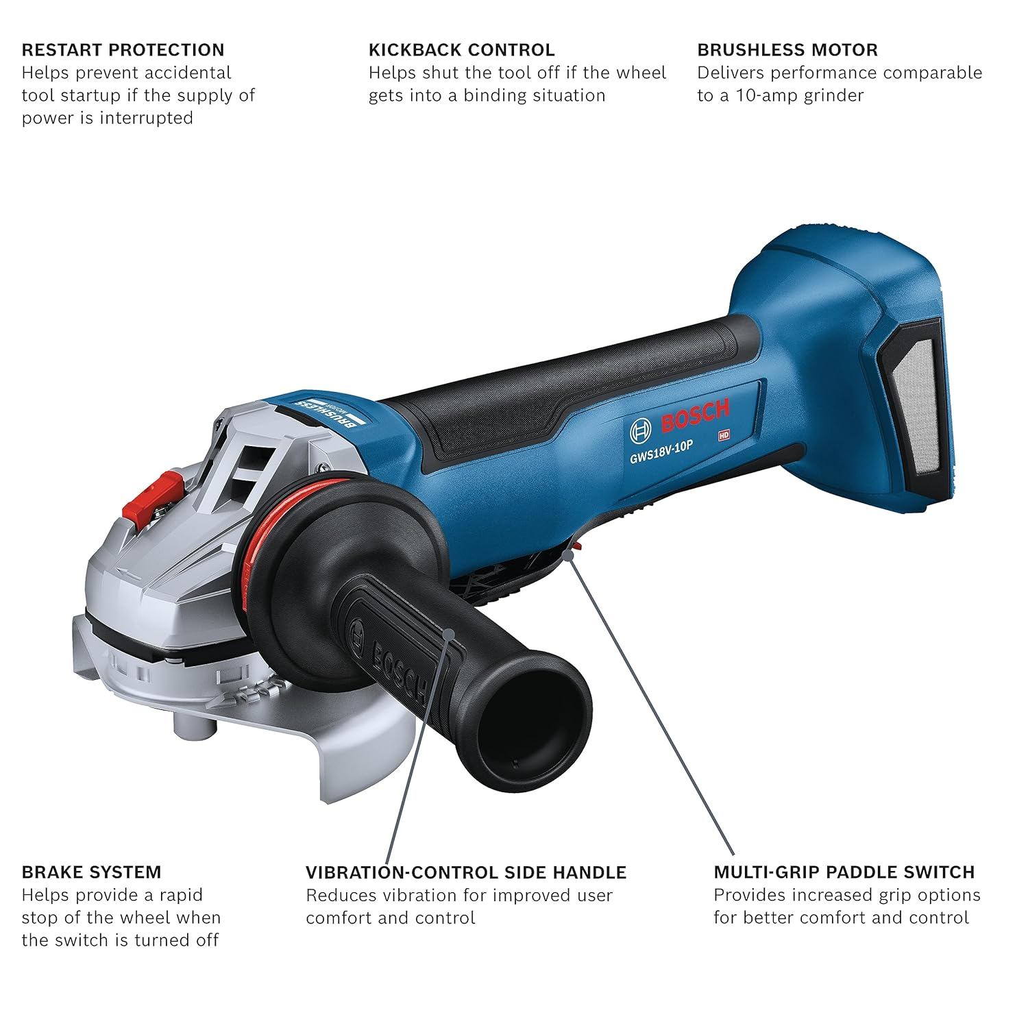 BOSCH GWS18V-10PN 18V Brushless 4-1/2 5 In. Angle Grinder with Paddle Switch (Bare Tool) image number 3