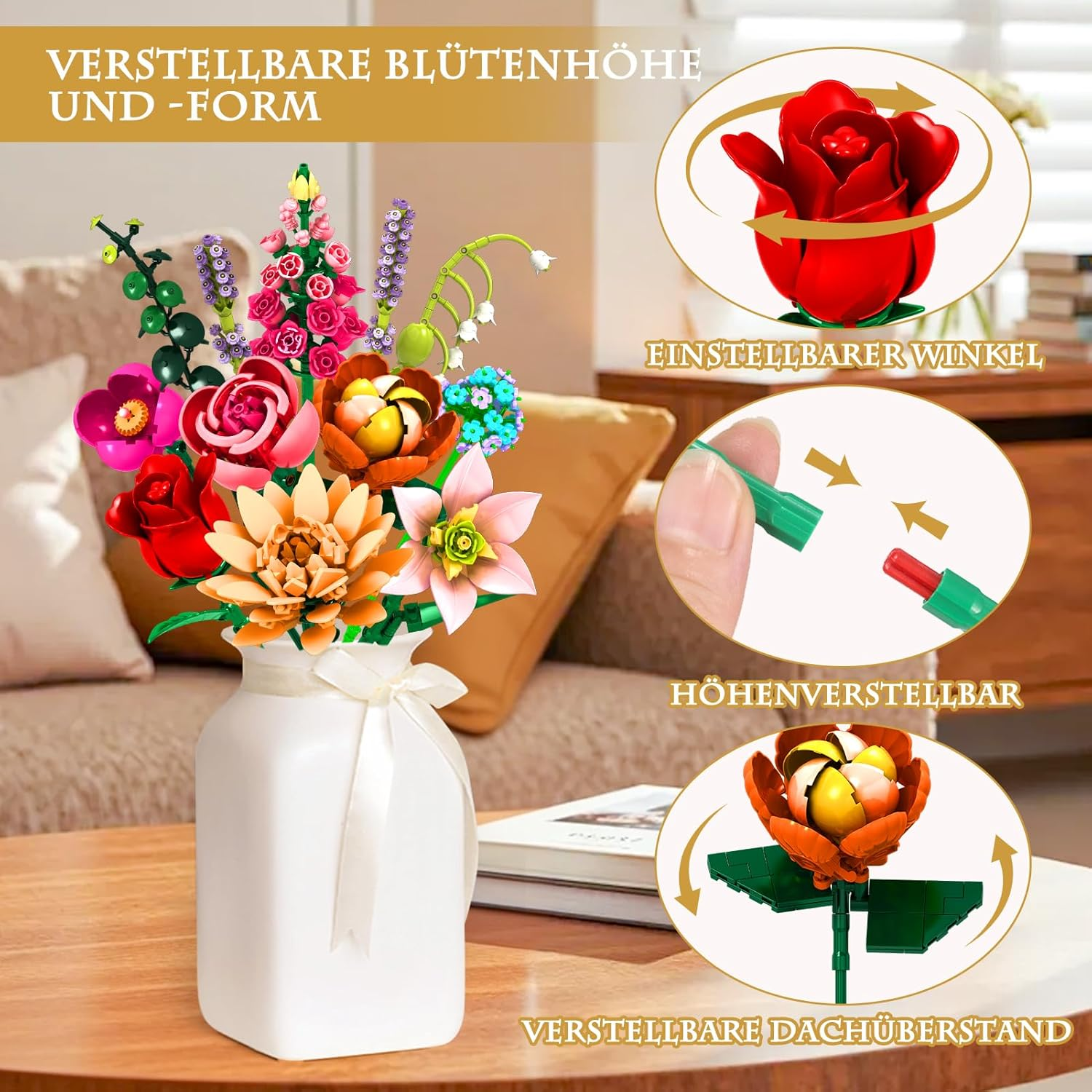 Flower Clusters Bouquet Kit, 762 Pieces Eternal Bouquet with Hibiscus, Rose, Lily, Lavender & More, DIY Decoration Set for Living Room, Christmas, Building Blocks for Adults & Children from 6 Years image number 4