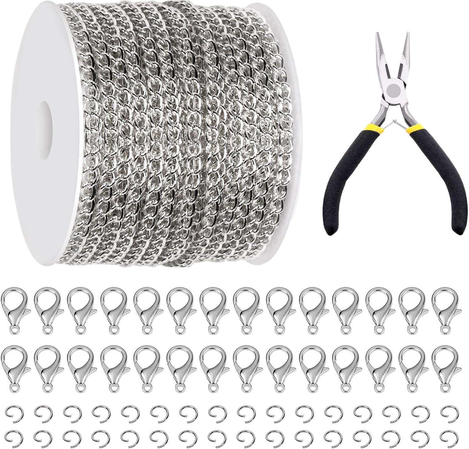 Glarks 102Pcs 30 Feet White Cable Link Chains Set with Lobster Clasps and Jump Rings for Jewelry Making