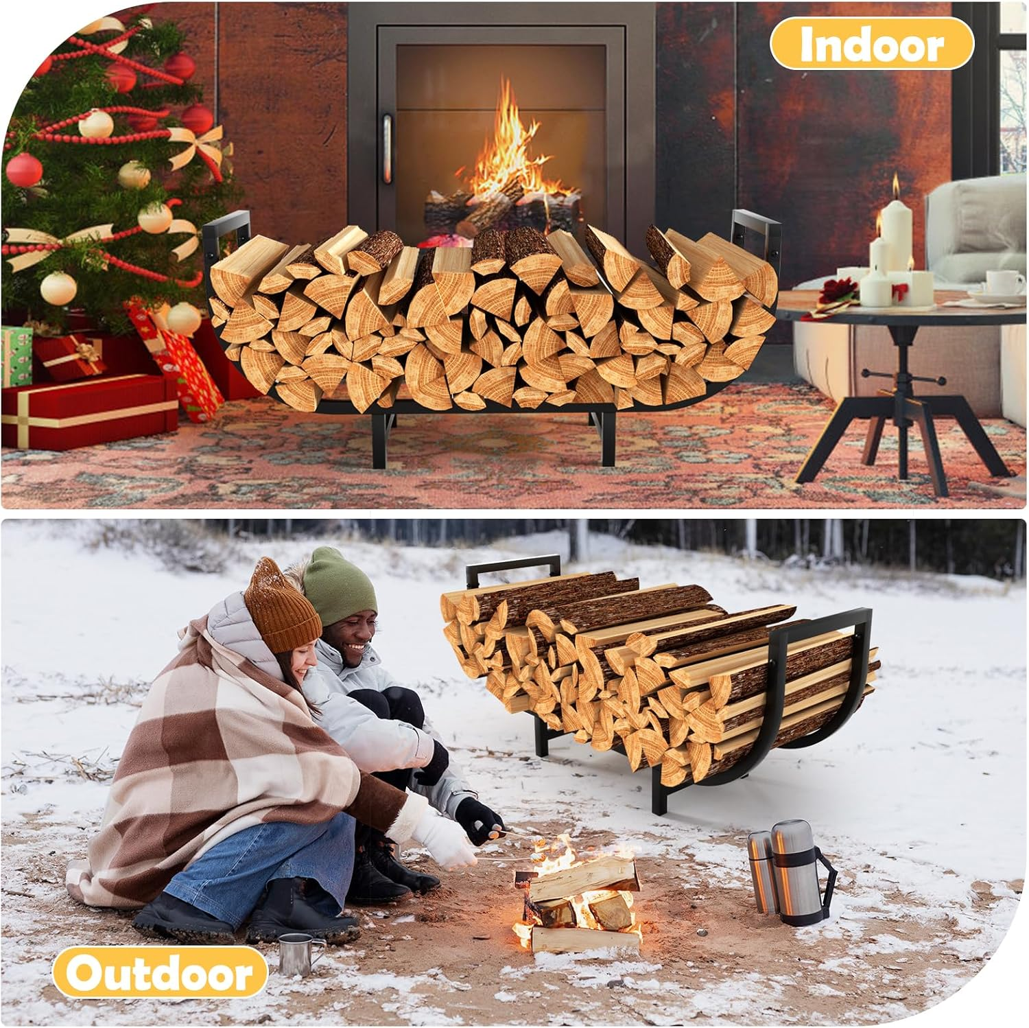 Firewood Rack Indoor with Log Carrier - 34Inch Fireplace Wood Holder, Black Outdoor Firewood Storage Organizer, Heavy Duty Log Holder for Fireplace, Patio Deck, Wood Carrier Tool image number 2