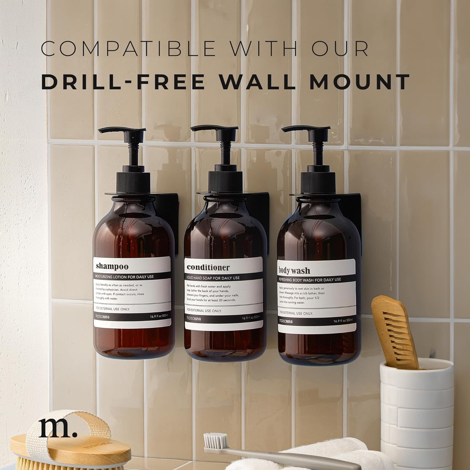 Maisonovo Apothecary Dispenser Bottle for Bathroom and Kitchen - Refillable for Shampoo Lotion Oil Shower Soap Hand Soap and Dish Soap - 3 Plastic Bottles image number 6