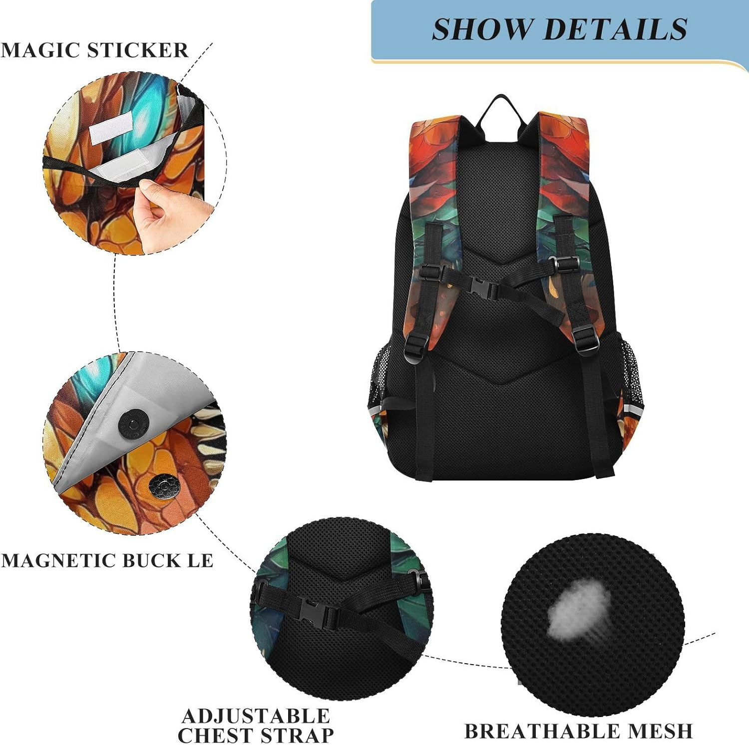 XYMZR Dragon Art Colorful Backpack Travel Laptop Daypack Shoulder Bag Book Bag Daypack with Reflective Strip 12.9 &times;17.7 IN image number 5