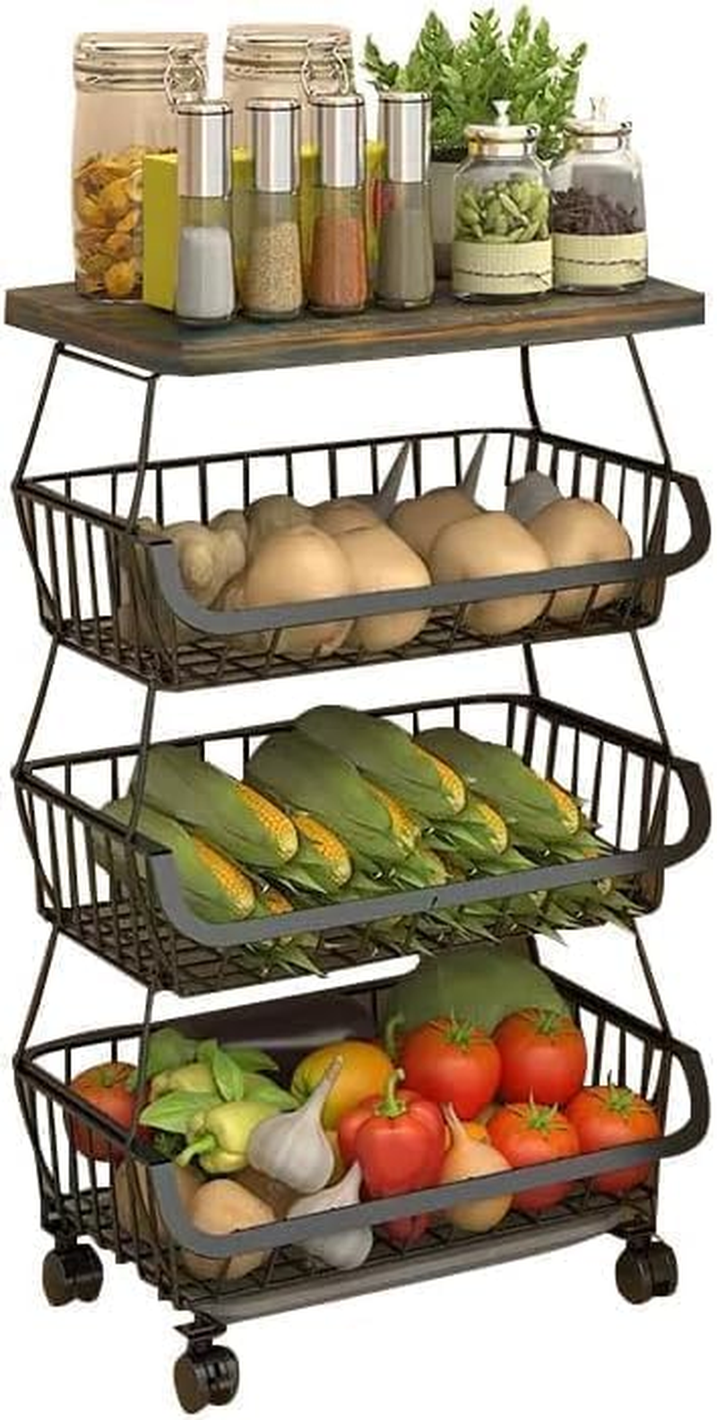Baotkere 4 Tiers Shelf Metal Wire Baskets with Wheels, Kitchen Organizer, Stackable Storage Bins, Fruit and Vegetable Cart, Bathroom Tableware Rack image number 1