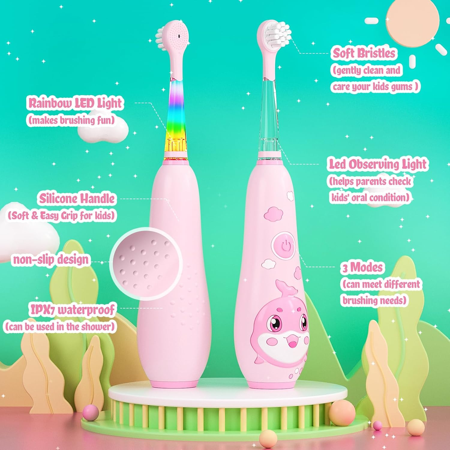 SEAGO Kids Electric Toothbrushes Rechargeable, Toddler Electric Toothbrush with Magnetic Charging, LED Observing Light, 8 Toothbrush Heads for Ages 2-4-6 Boys Girls (Pink) - Pink image number 4