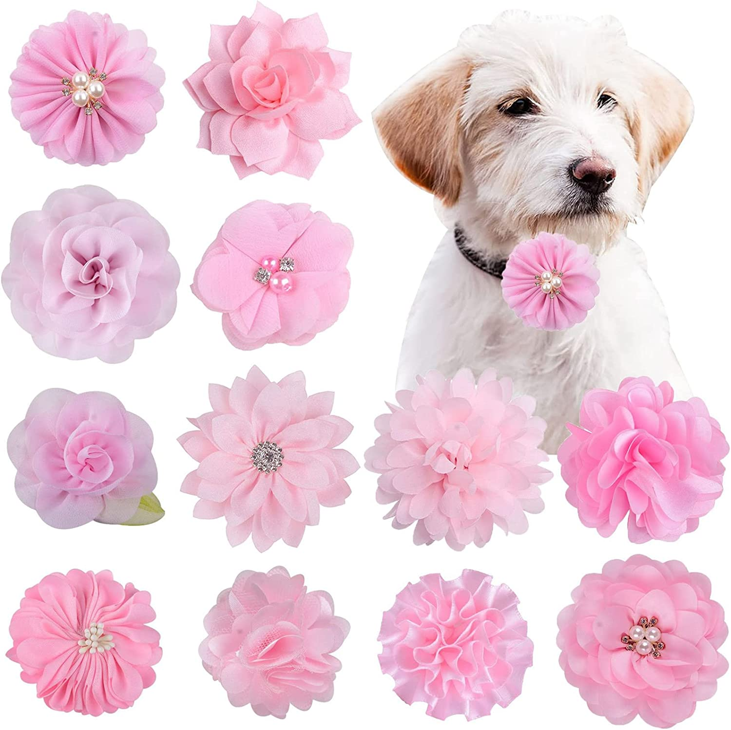 Lopsity 12PCS Pet Collar Flower Bow Collar Detachable Flower Embellishment for Cats Dogs, Pets Supplies for Wedding/Birthday Party (Pink)