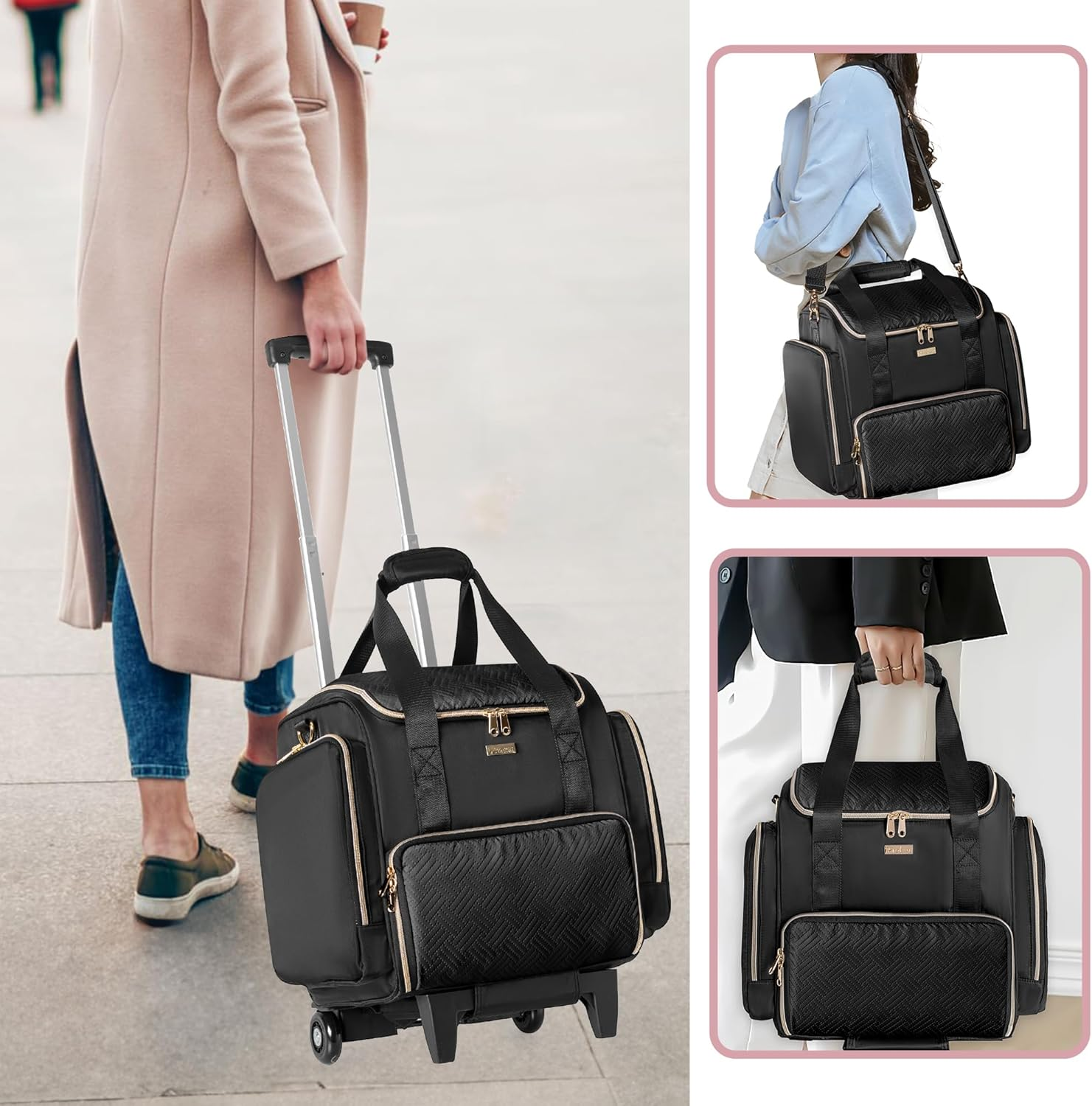 Prokva Rolling Makeup Case with 4 Removable Bags, Professional Makeup Train Case with Wheels, Makeup Artist Travel Bag with Brushes Storage Section (Patent Design), Black, Detachable Trolly Makeup - Pink image number 3