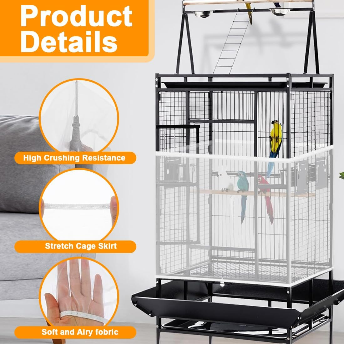 AOEVUIR Pack of 2 Bird Cage Cover Protective Net, Seed Catcher for Bird Cages, Parrots, Nylon Mesh, Suitable for Cages with a Circumference of 80-110 Cm image number 5