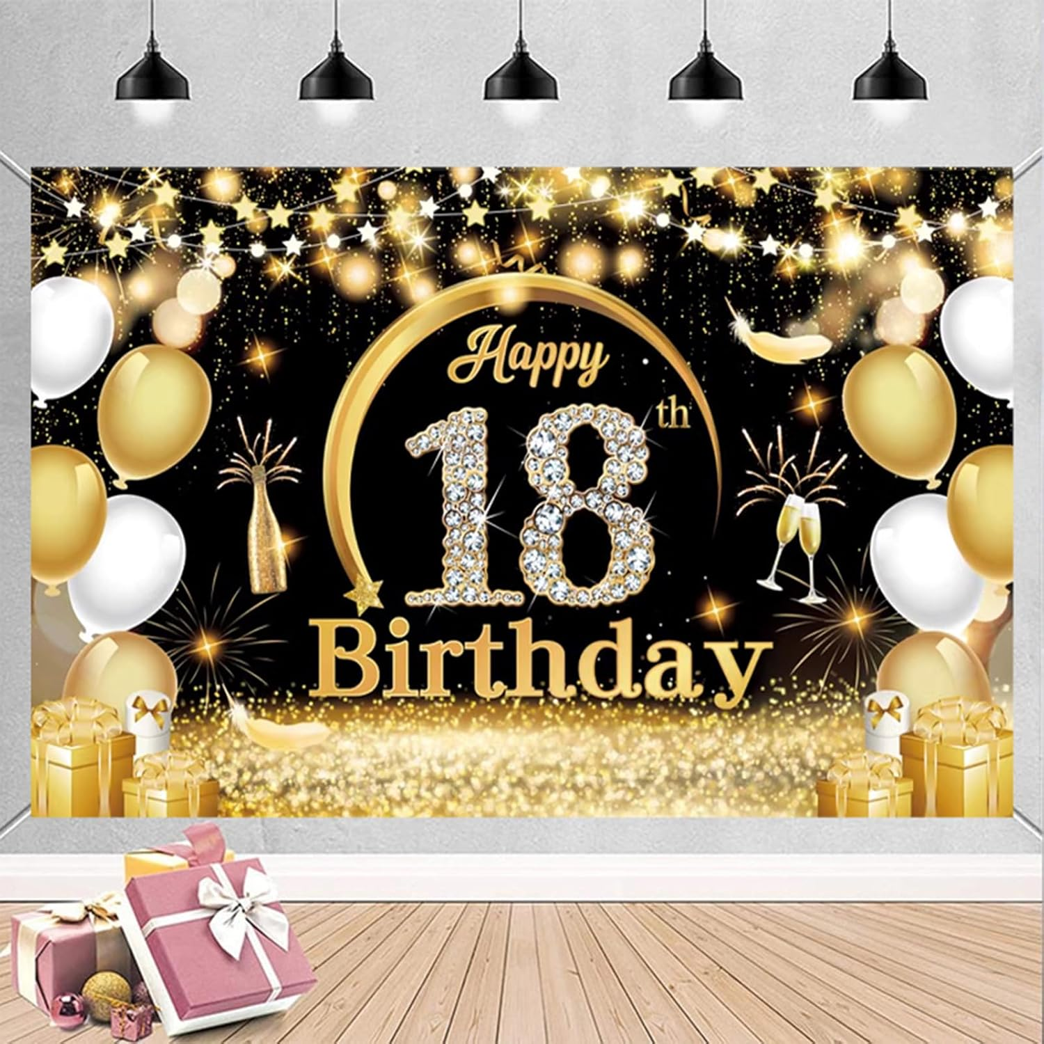 Happy Birthday Banner Backdrop Extra Large (185 X110Cm) Black Gold Theme Birthday Party Background Decorations Supplies for Boys Girls Indoor (18Th)